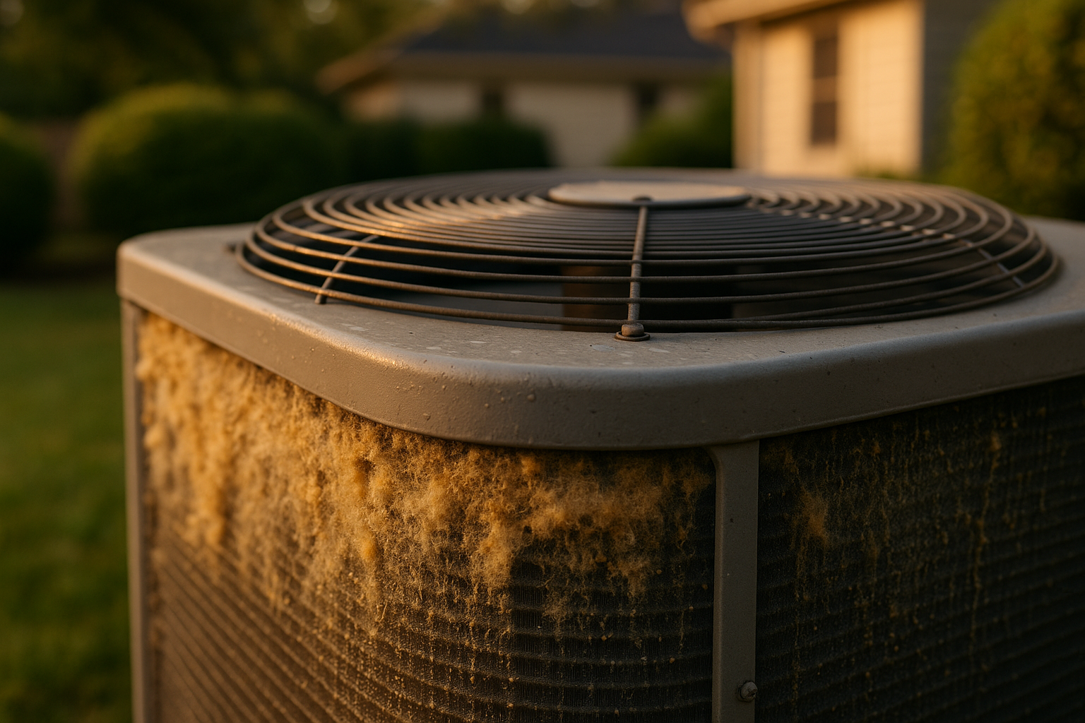 Close-up metal AC condenser and fan grill with fins clogged by cottonwood fluff and pollen, warm golden-hour light.