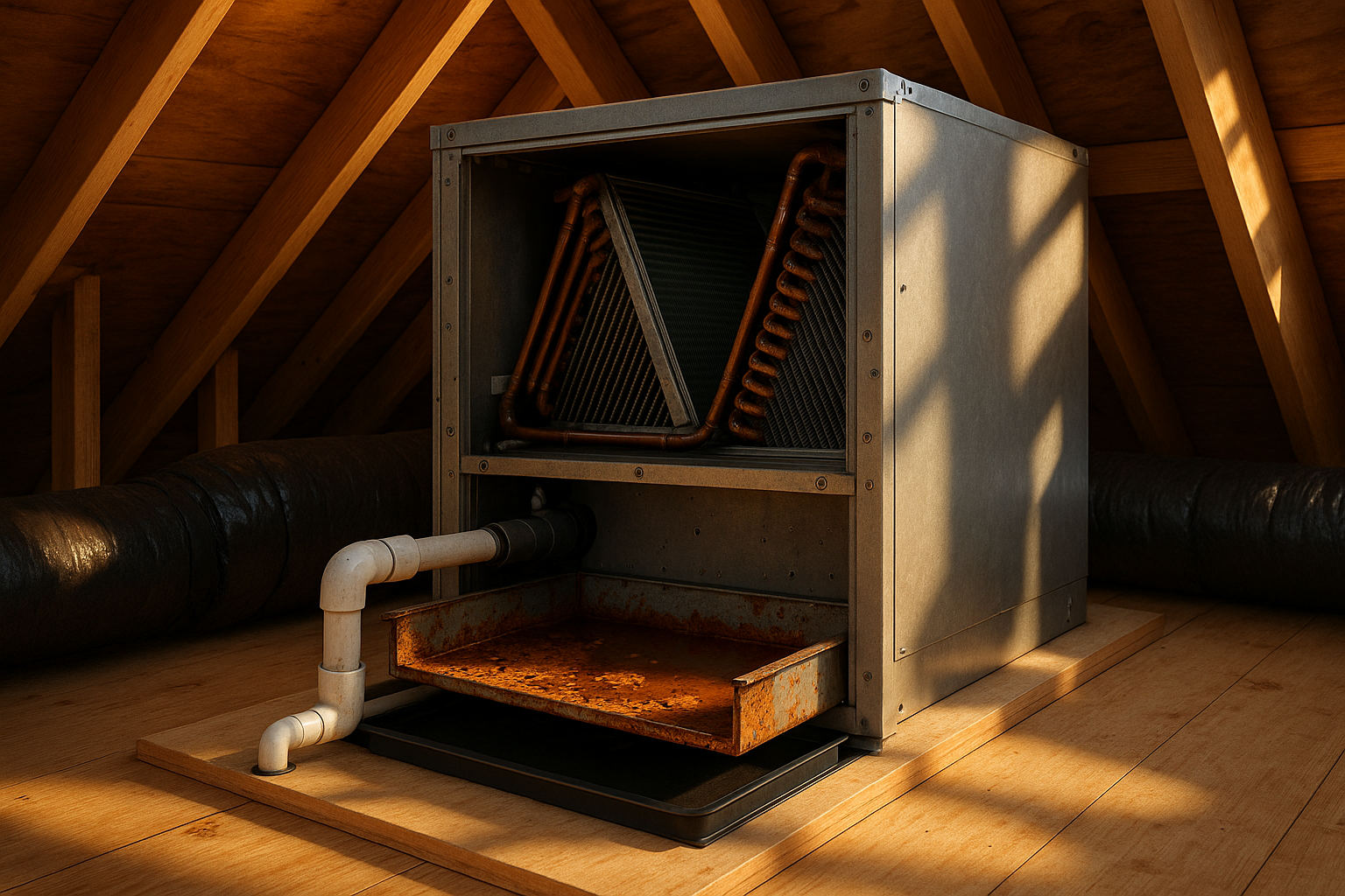 Attic air handler with open access showing heavily rusted galvanized drain pan under warm golden light.