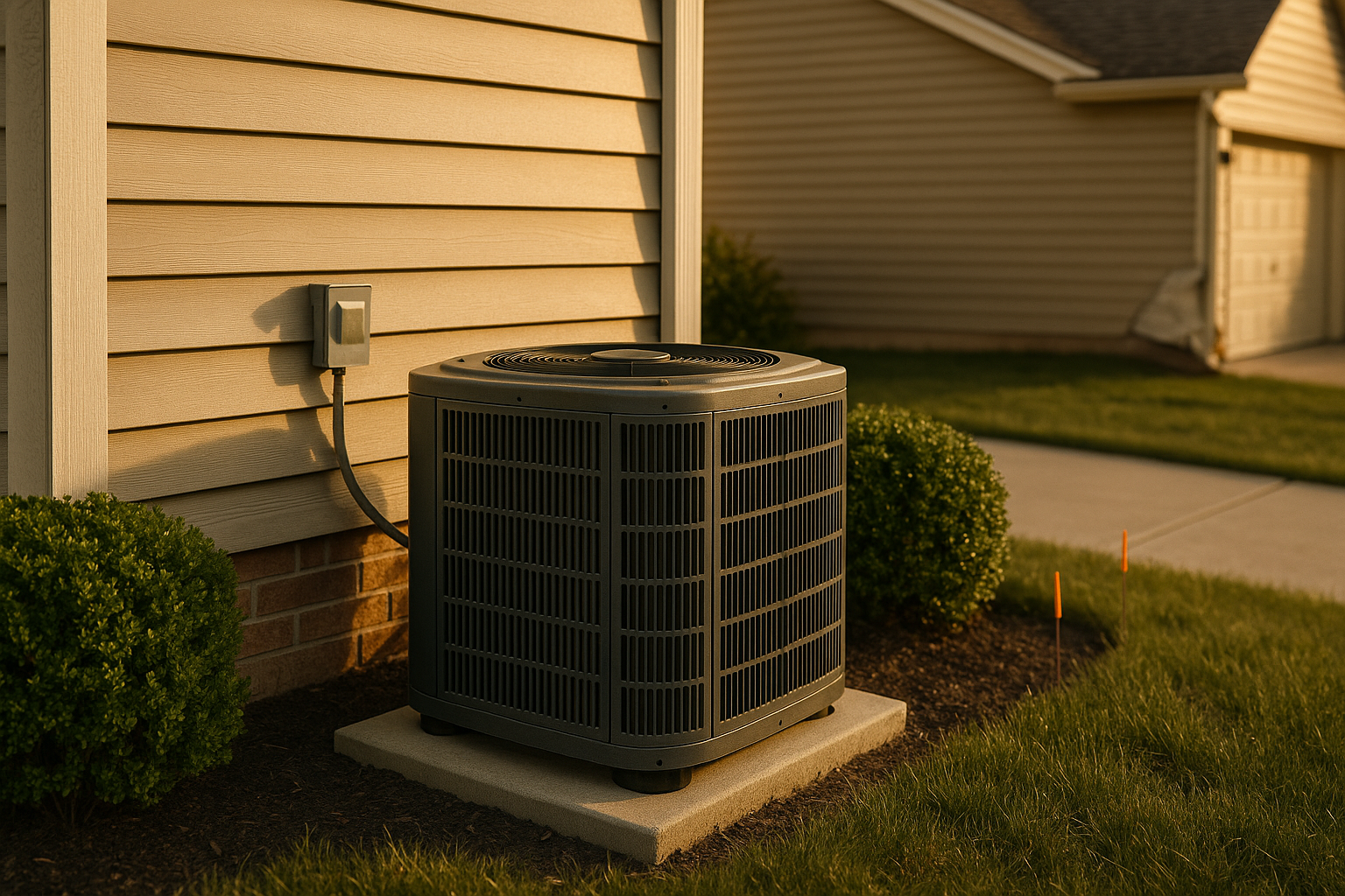 Suburban Indianapolis home at golden hour with condenser and 2–3 ft clearance, trimmed shrubs, orange stakes, neighboring damaged unit.