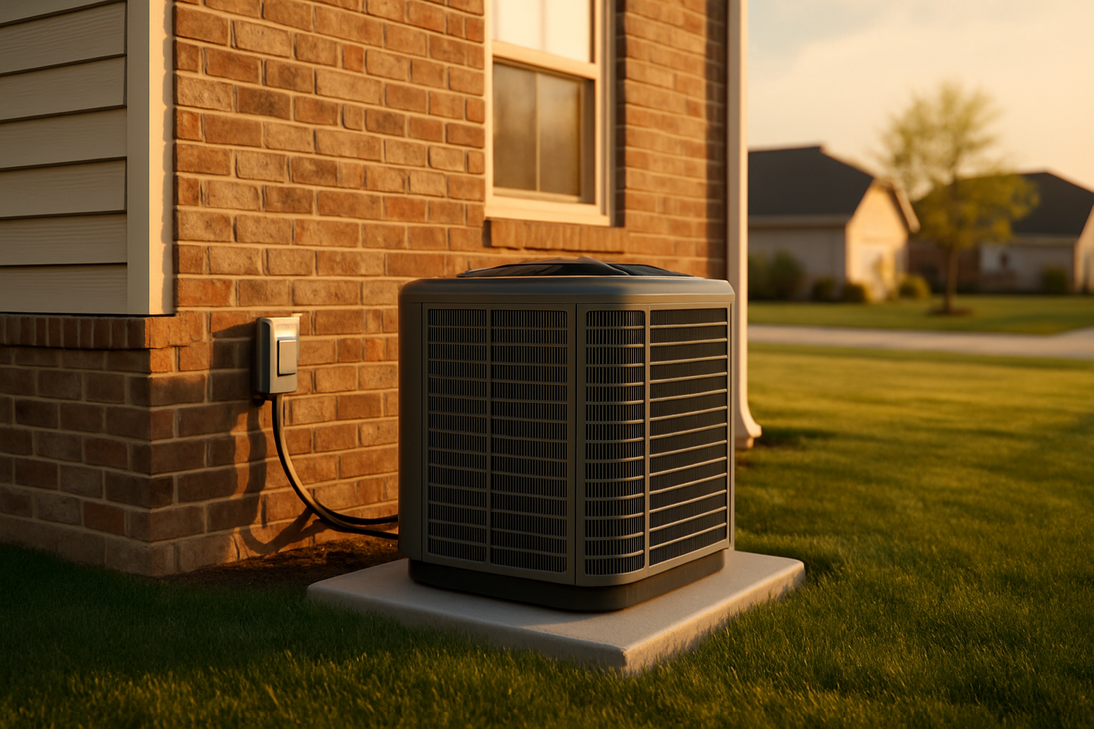 Outdoor AC condenser on concrete pad by a suburban Indianapolis brick home at golden hour.