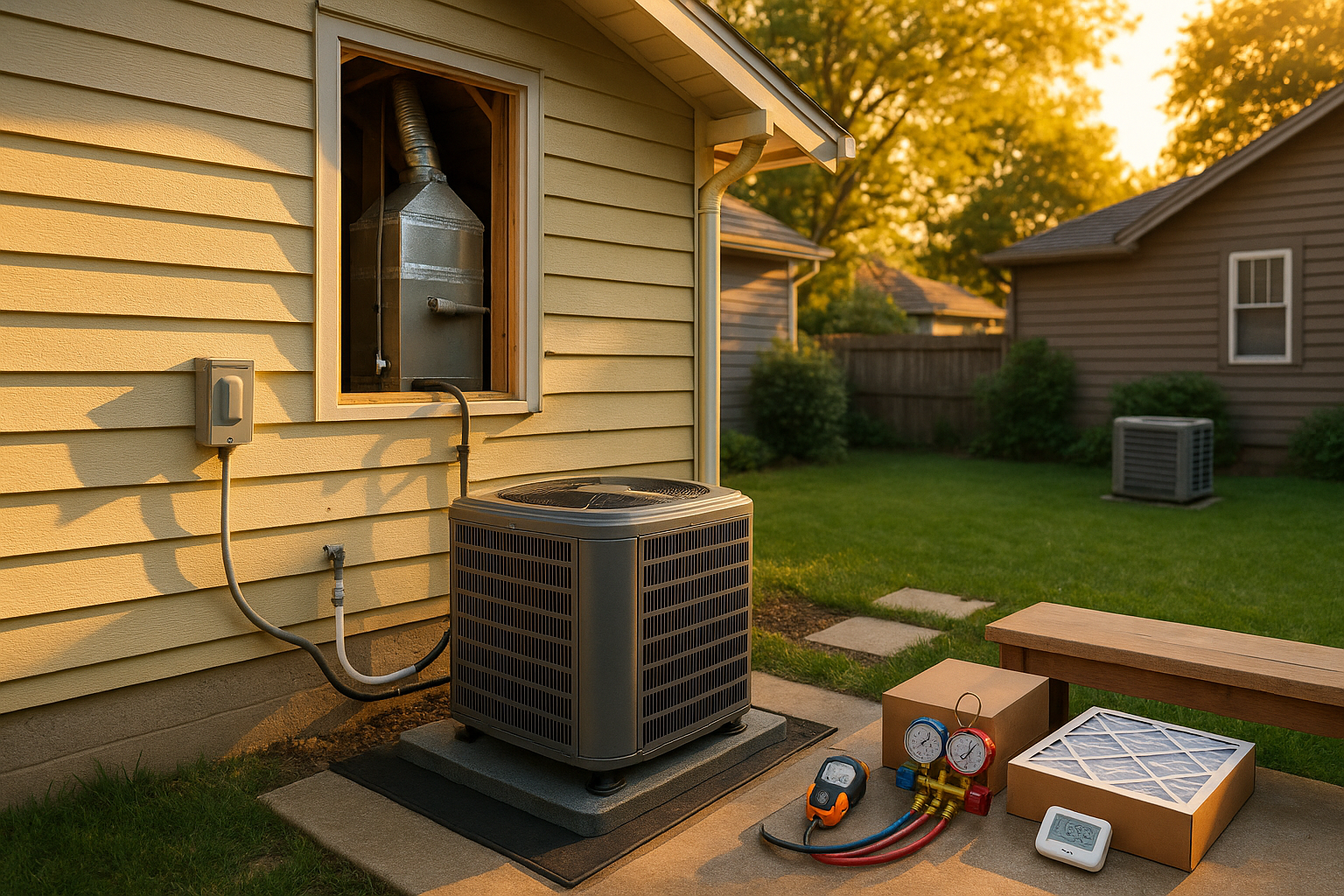 Golden-hour Indianapolis bungalow yard with condenser on composite pad, attic air handler, sealed ducts, insulated lineset, gauges and old unit at curb.