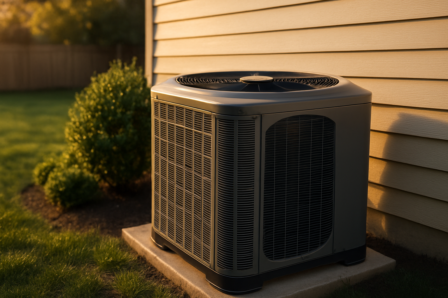 Outdoor AC condenser, side view, metal fins and fan, 2–3 ft clearance, warm golden hour, suburban Indianapolis backyard.