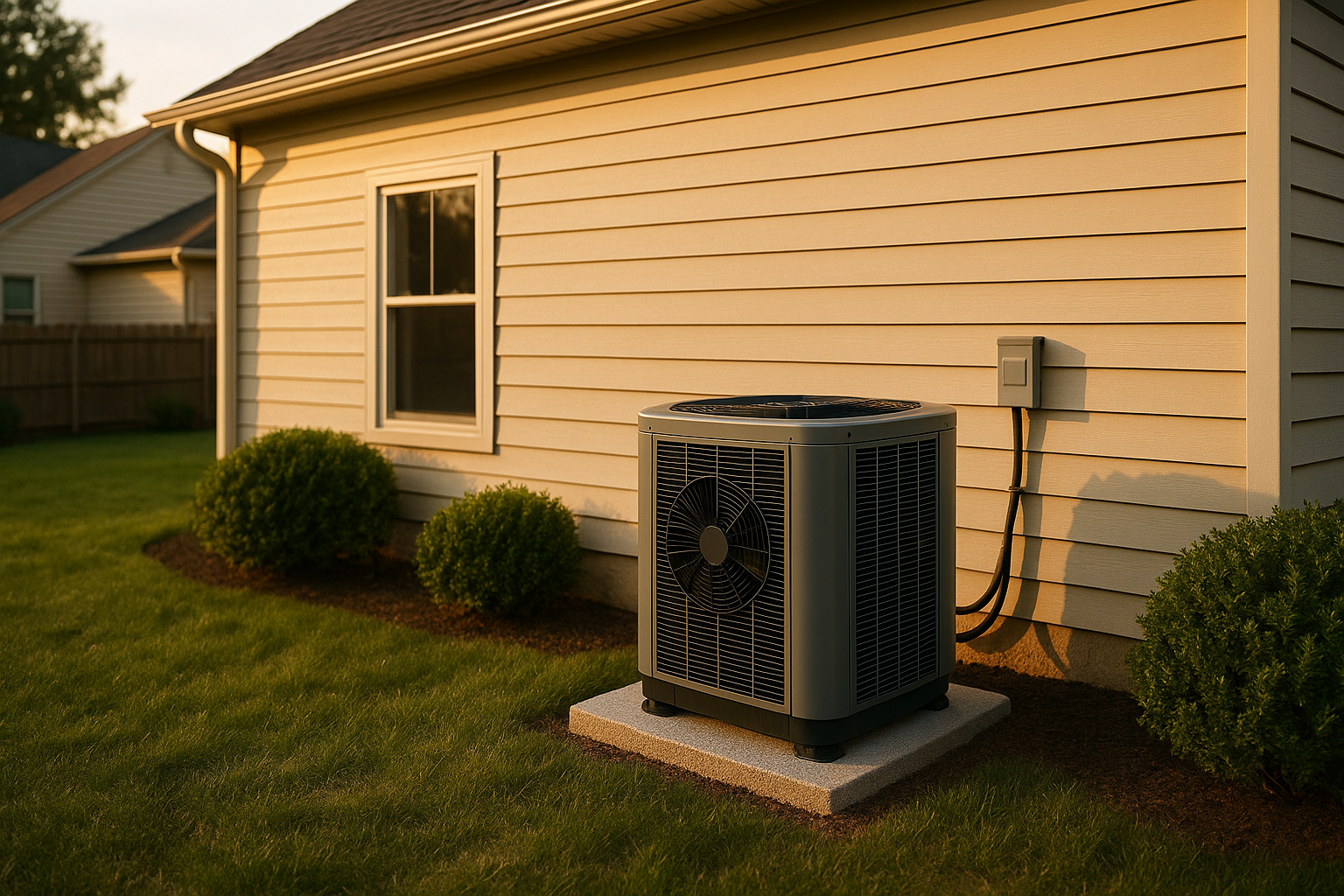 Modern heat pump on concrete pad with trimmed bushes and clear egress window in warm golden-hour suburban yard.