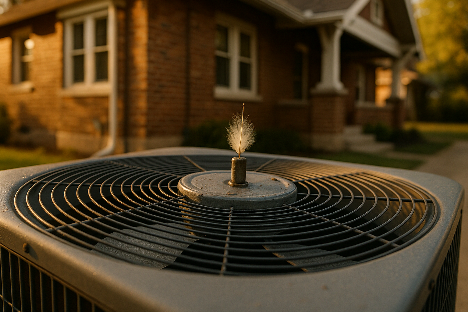 Close-up condenser on concrete pad with cottonwood seed lodged in motor shaft, warm golden hour light, bungalow background.