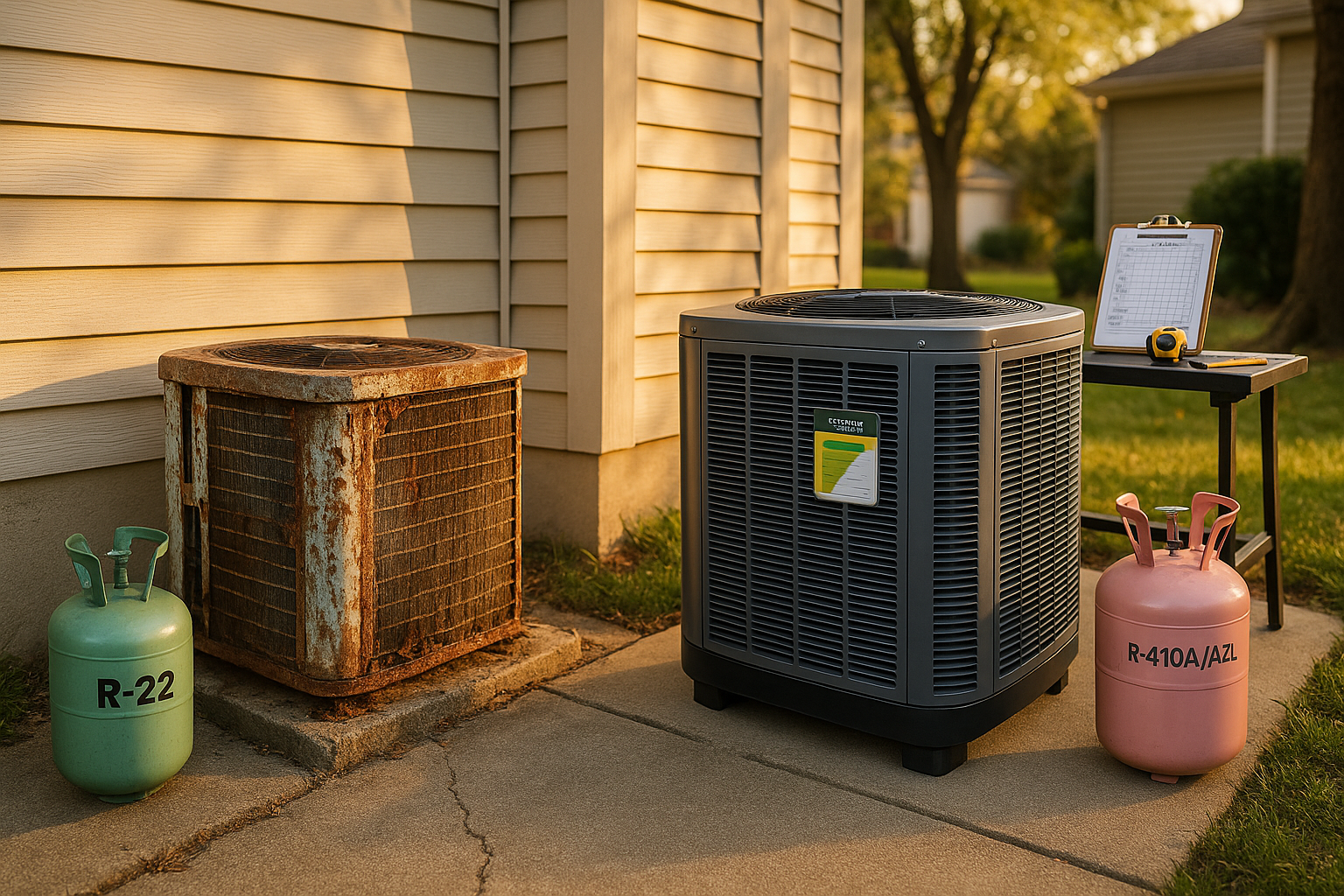 Side-by-side corroded and new condensers on a concrete pad in a suburban yard at golden hour with labeled refrigerant canisters.