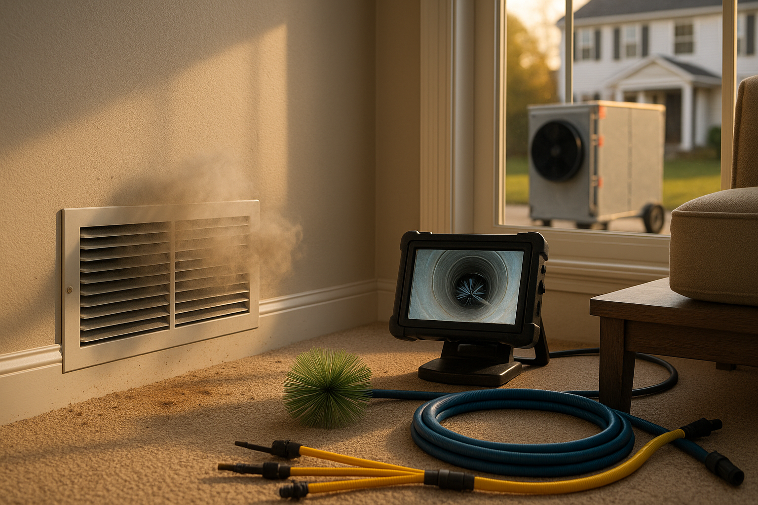 Close-up living room supply register with visible dust cloud, scope monitor and HEPA hose outside, warm daylight, premium residential setting.