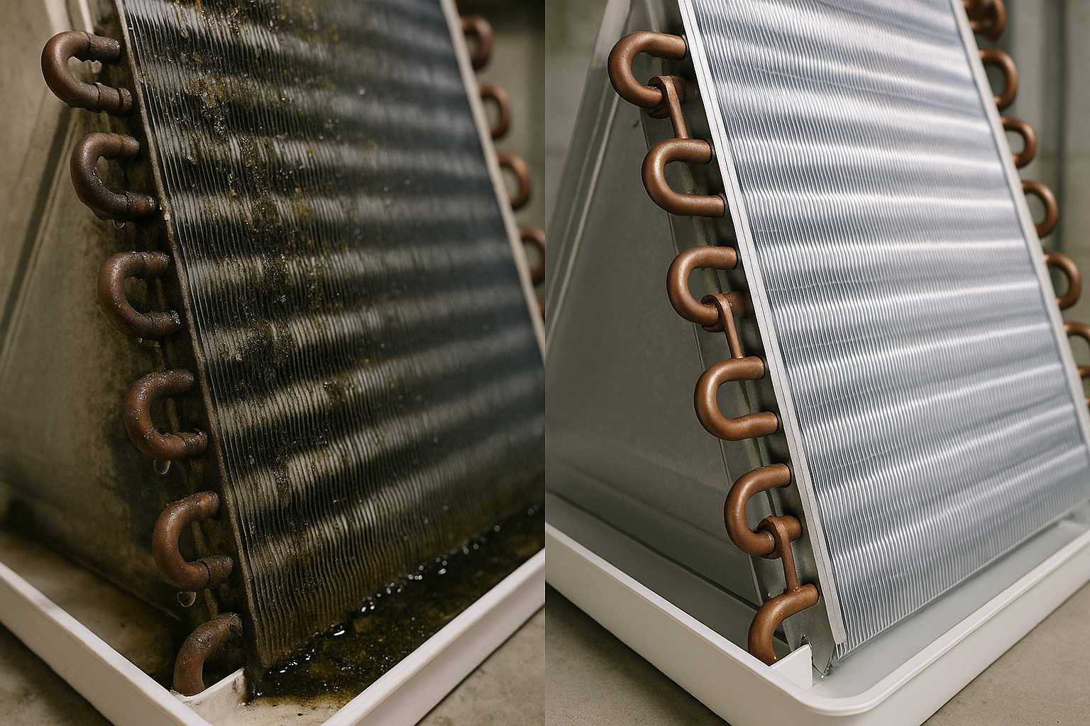 Diptych: moldy evaporator coil close-up vs the same coil cleaned, neutral daylight, utility room.