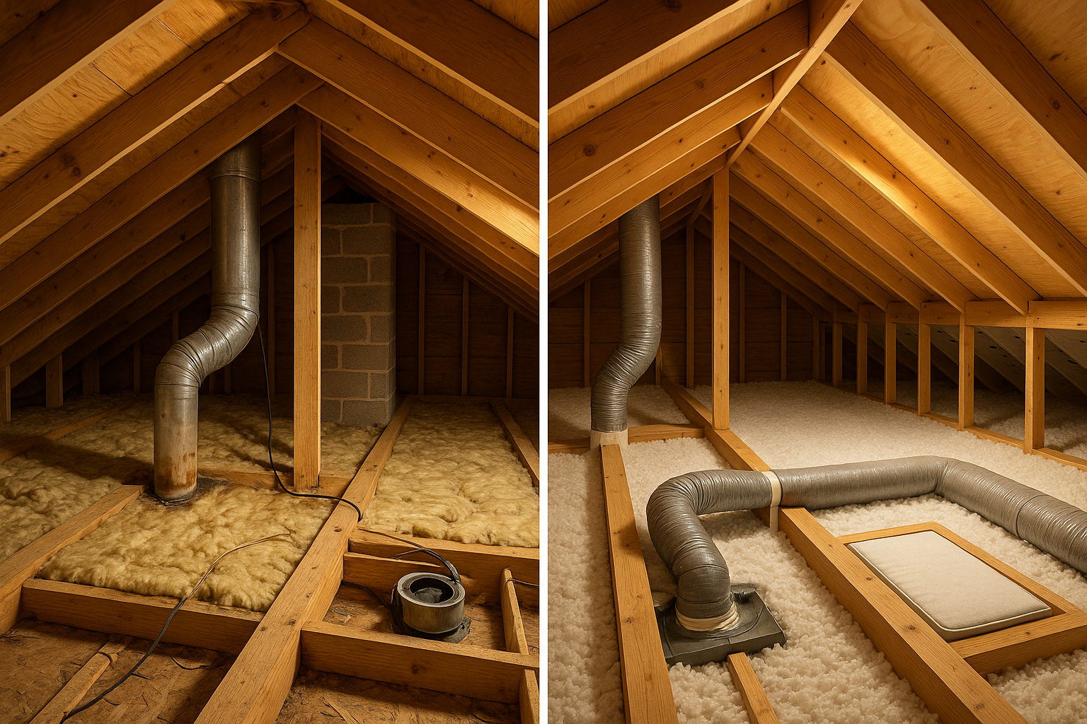 Before-and-after attic split: left low settled fiberglass and gaps, right sealed penetrations and 14–16 in blown insulation.