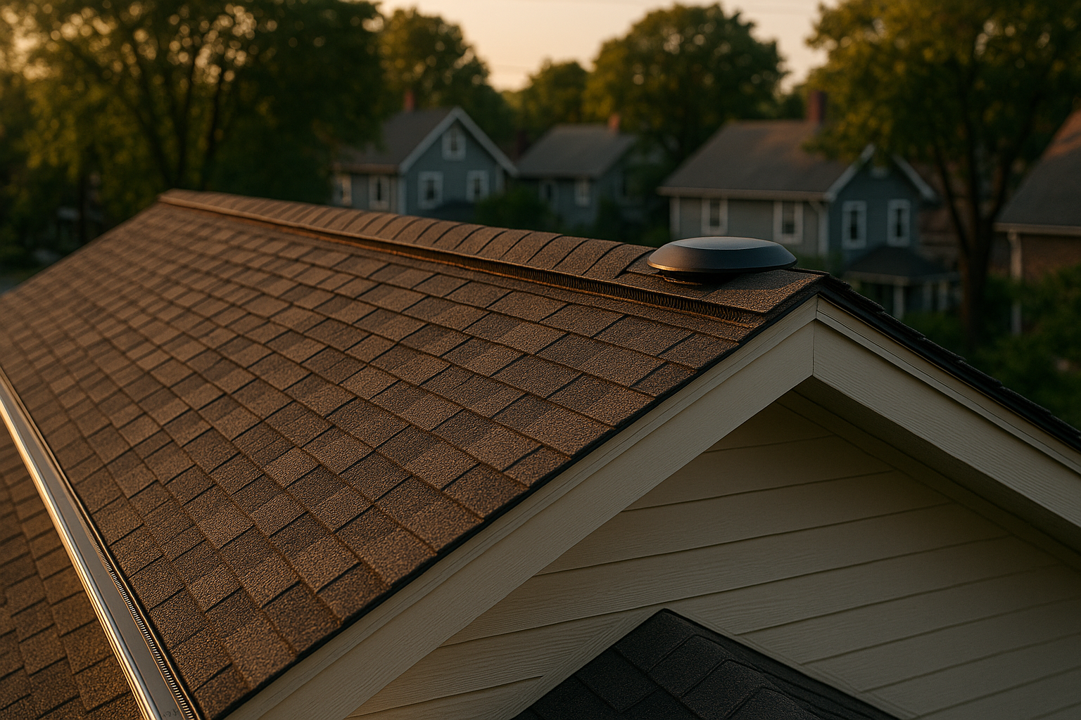 Ridge and eave detail with clean soffit vents, ridge vent and subtle solar attic fan in golden hour Indiana neighborhood.