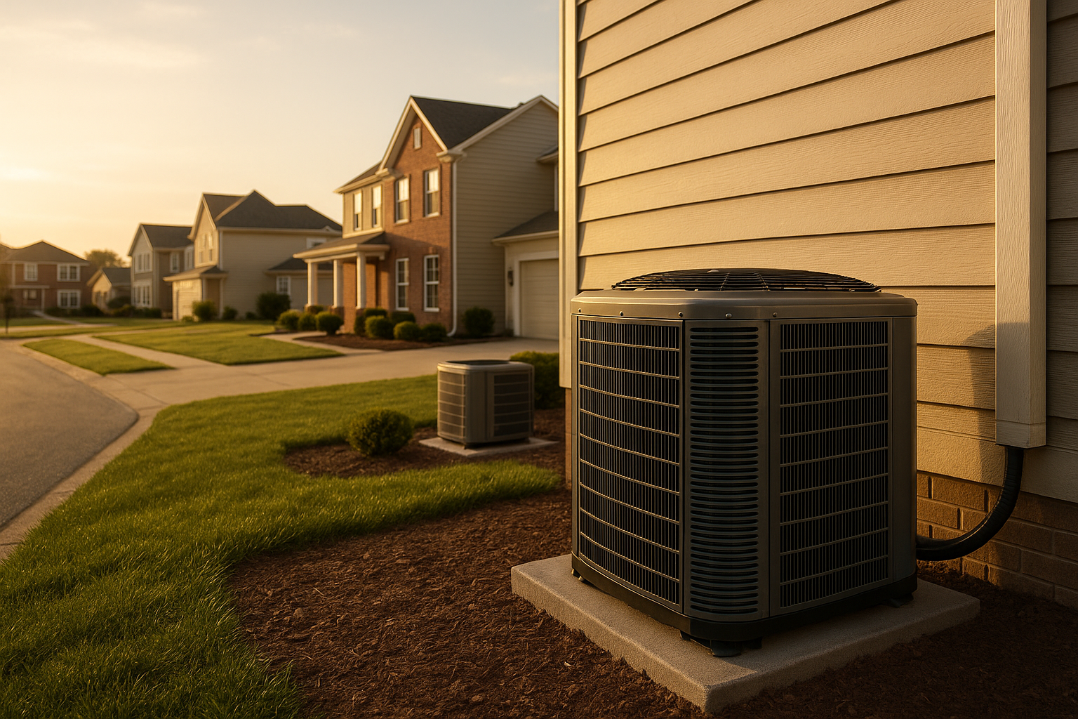 Outdoor AC condenser and heat pump beside suburban house at golden hour, concrete pad and garage foundation, warm natural light.
