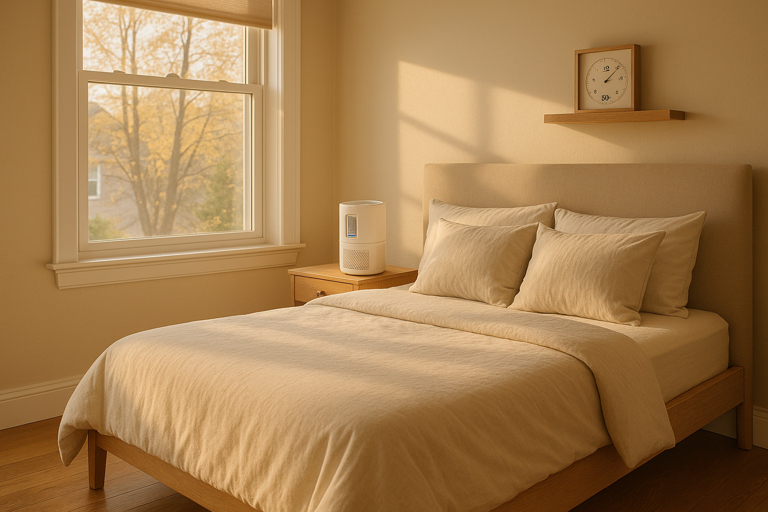 Sunlit bedroom with made bed, nightstand HEPA purifier, hygrometer reading 40–50% RH, hardwood floor, warm morning light.