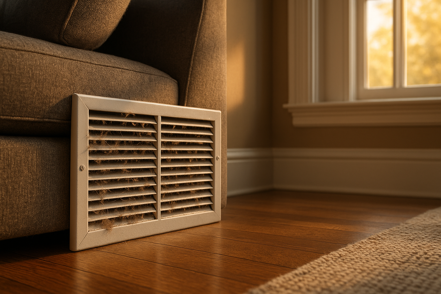 Close-up living room return grille partly blocked by sectional, dusty grille edges, warm golden-hour light, Broad Ripple trim.