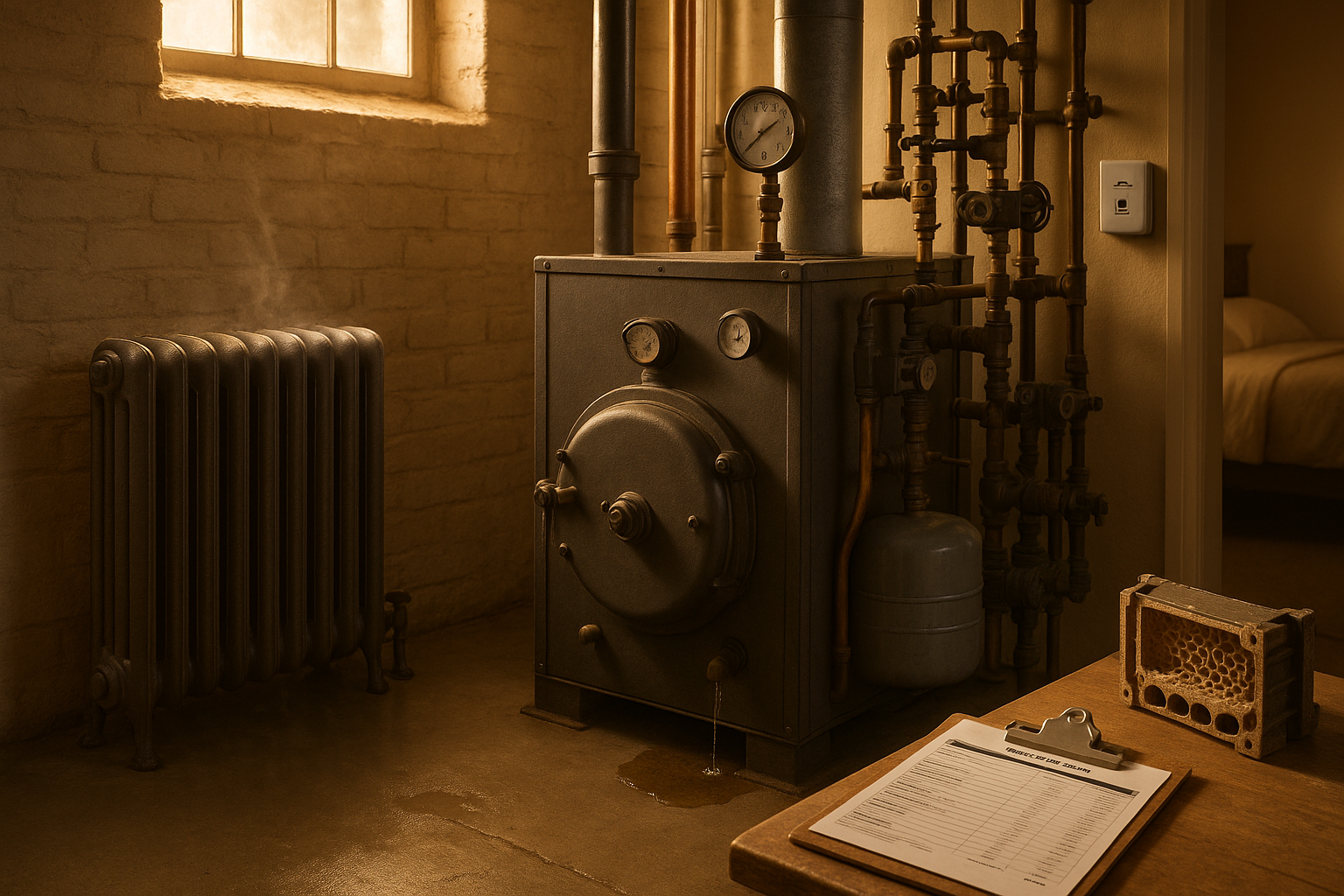 Basement of a 1920s Indianapolis home with cast-iron boiler, radiator, gauge, clipboard, warm golden-hour light.