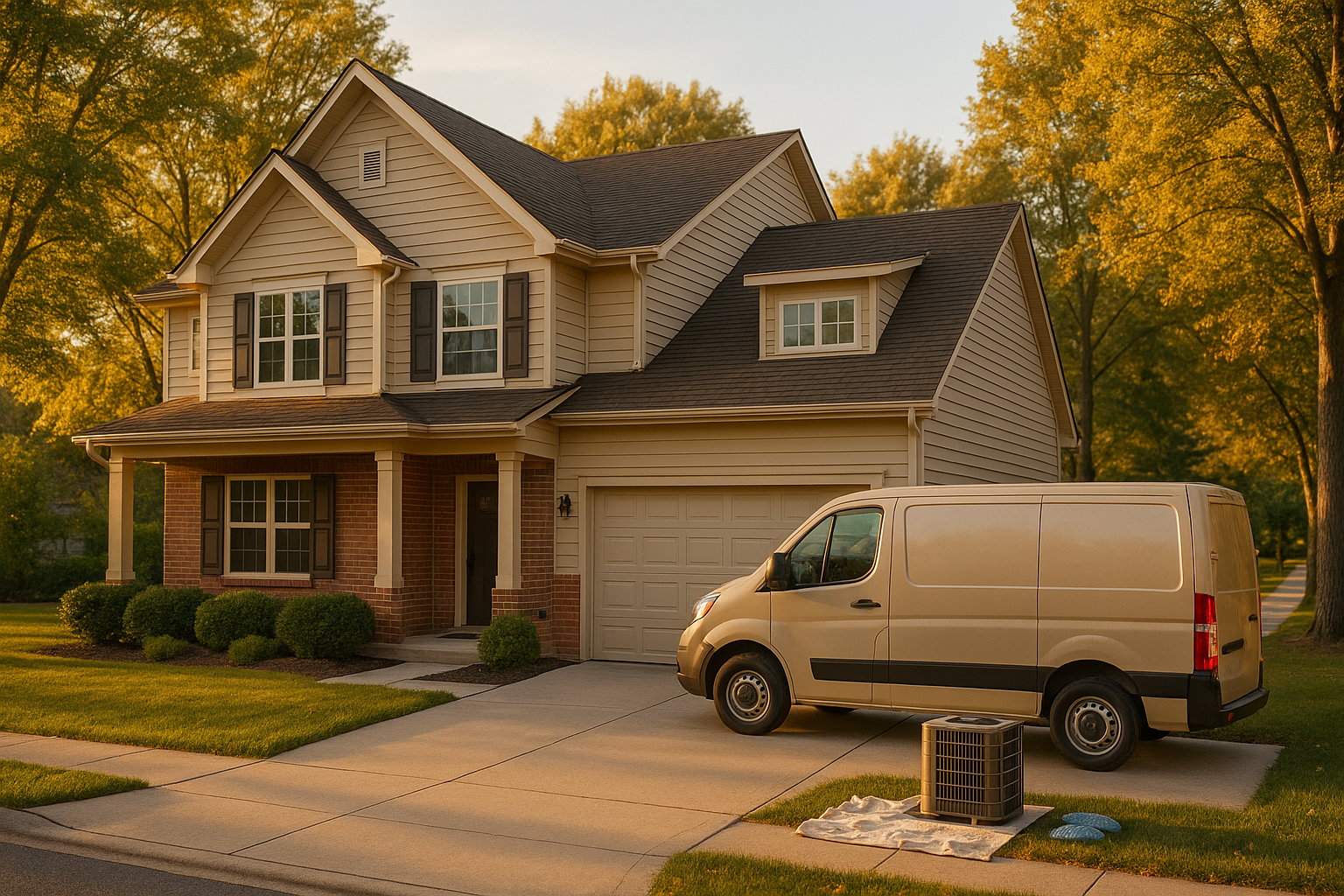 Two-story Brownsburg home at golden hour with condenser and neutral service van on driveway.