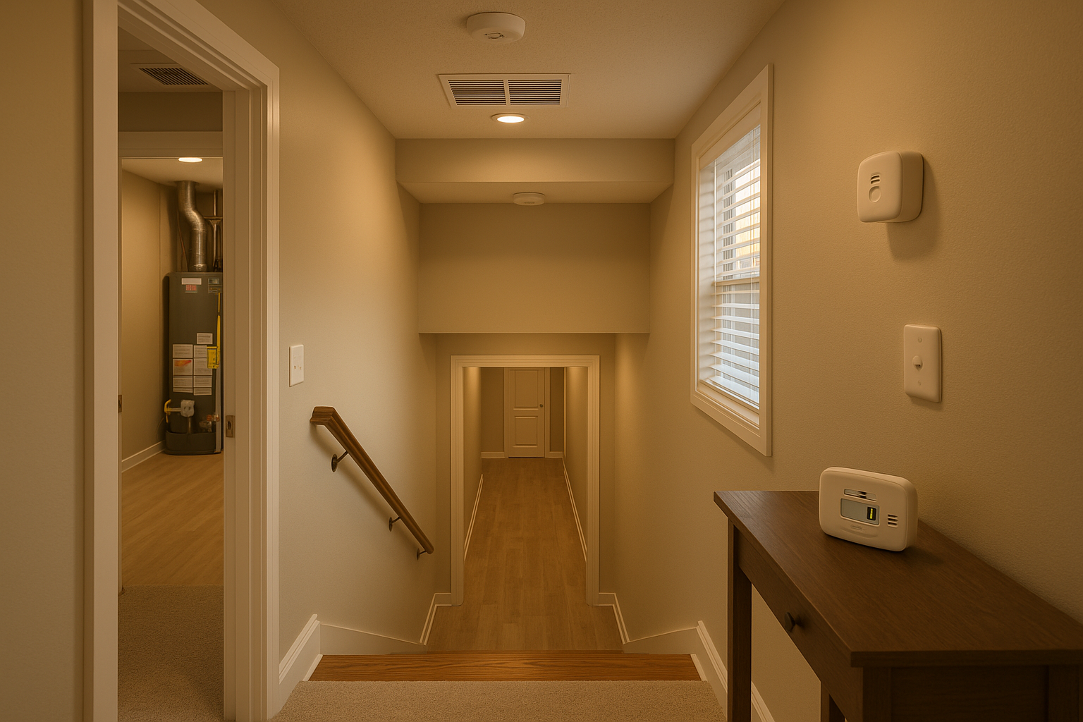 Multi-level home stairwell with ceiling and wall CO detectors, basement appliances visible, warm golden-hour light.