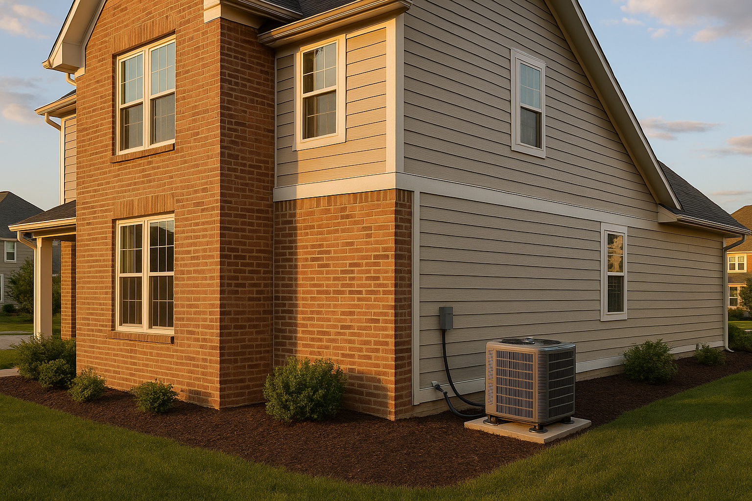 Two-story brick and Hardie-plank Carmel home at golden hour with condenser on level pad, insulated line-set, and tidy landscaping.