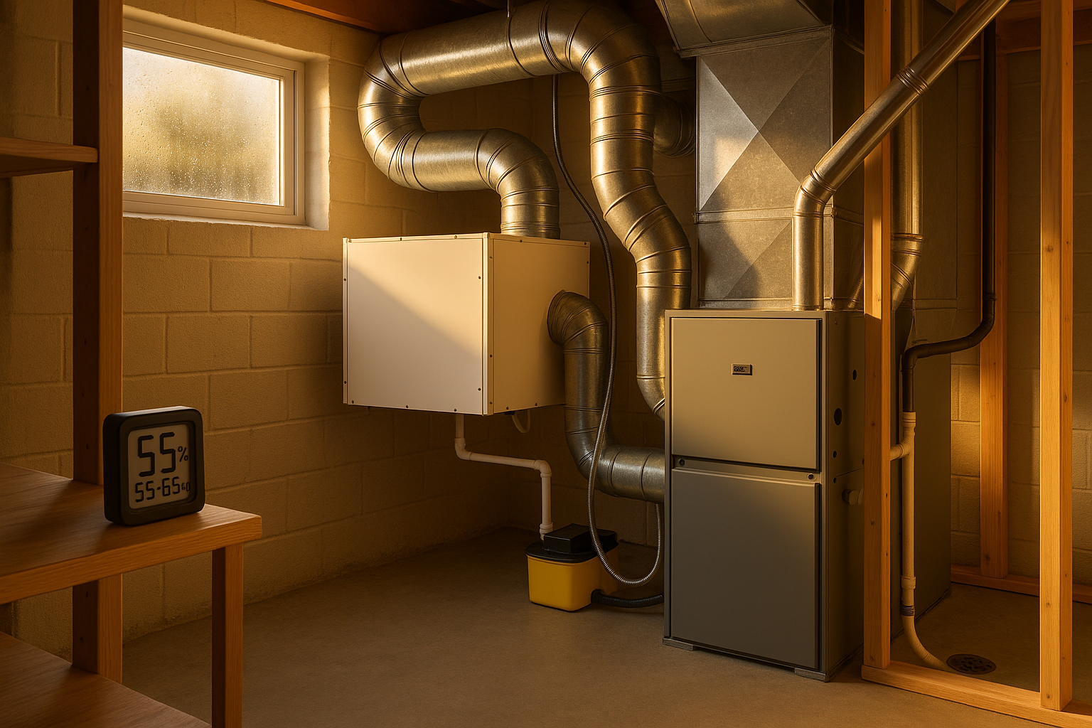 Basement mechanical room with whole-house dehumidifier, air handler, ductwork, condensate pump, hygrometer 55–65% RH, warm golden hour light.
