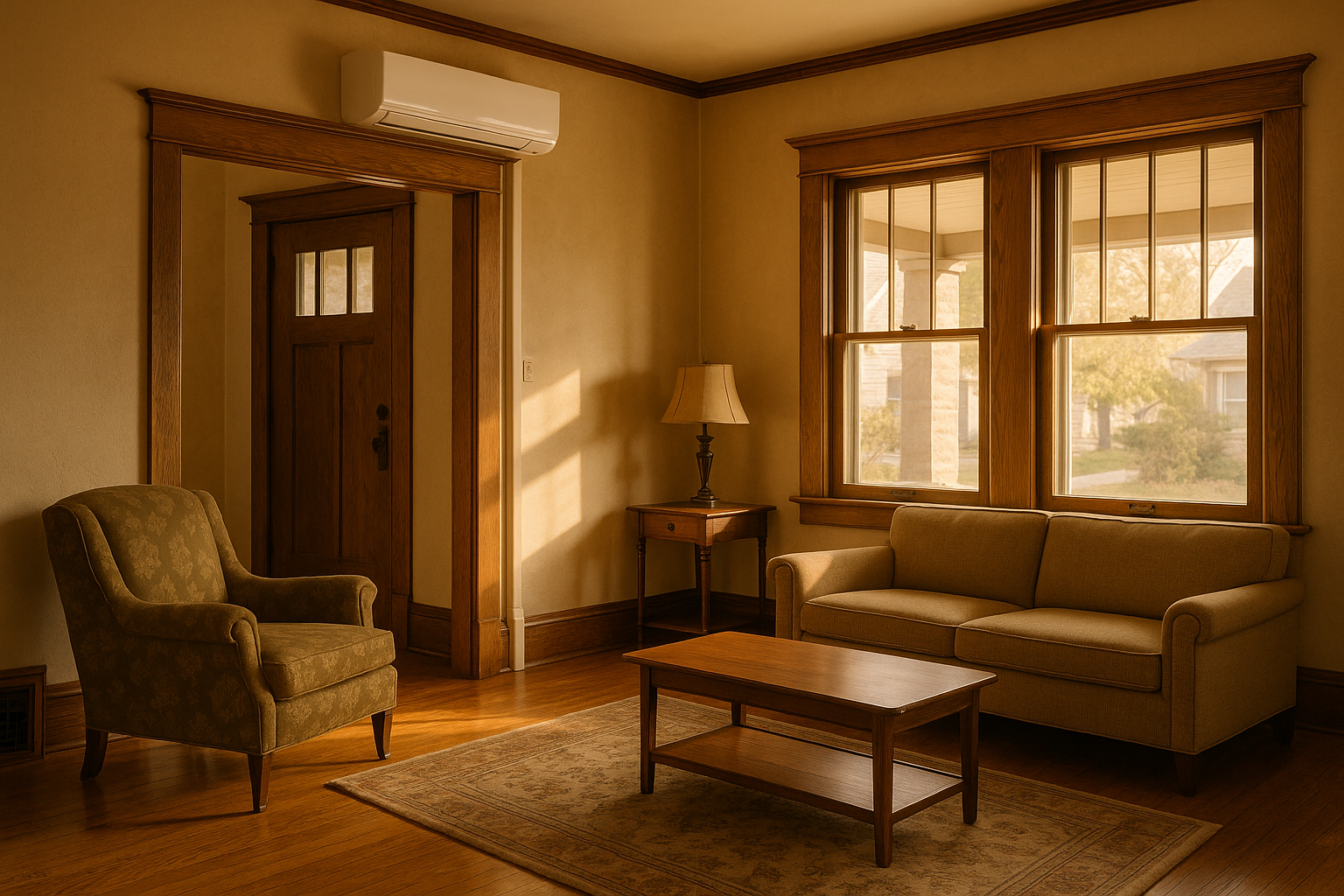 1920s bungalow living room, oak woodwork, low-profile wall-mounted mini split above doorway, warm daylight, preserved trim.