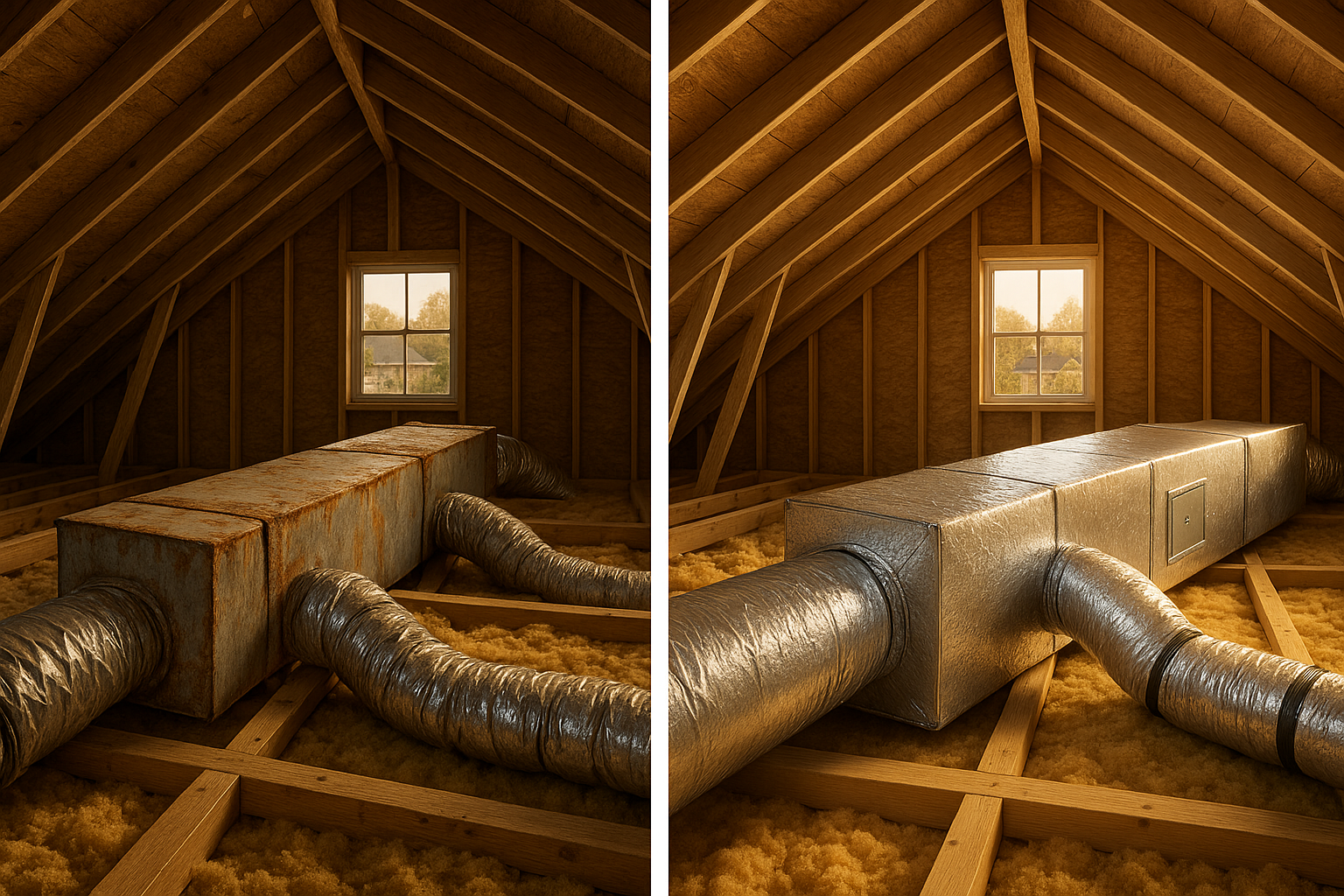 Attic split-view: corroded ducts vs new R-8 insulated metal trunk, warm golden-hour attic lighting.