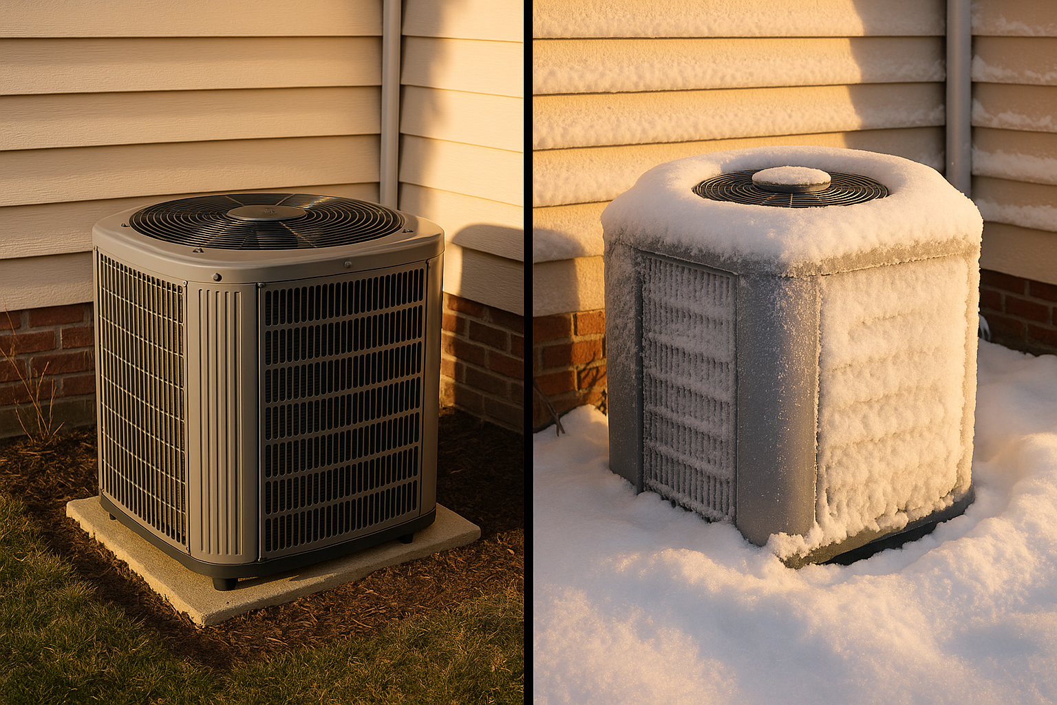 Split view of same condenser: left clear fan/coil, right encased in thick ice, golden-hour suburban side-lot.