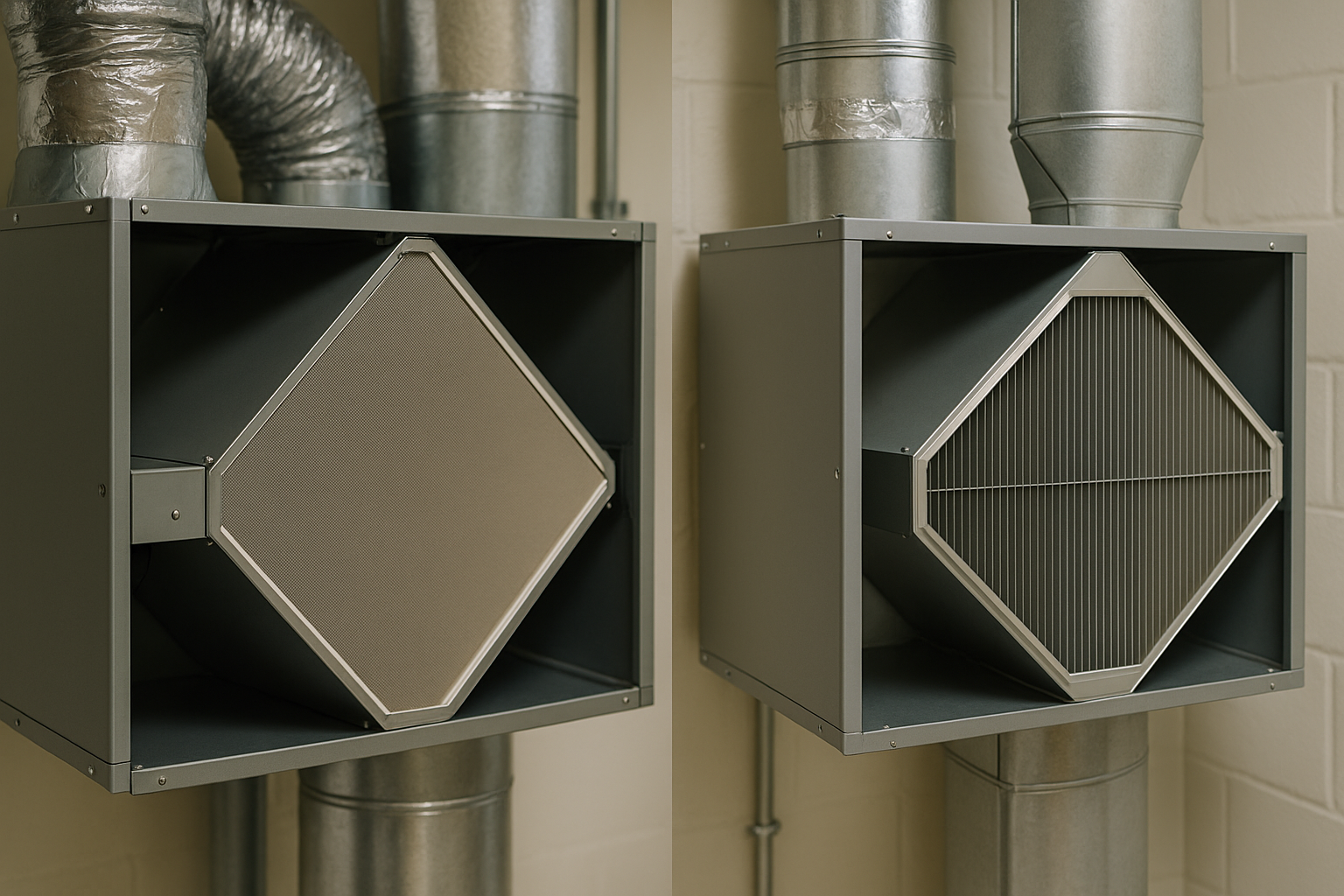 Split close-up of ERV (left) and HRV (right) cores in a neat mechanical room, neutral interior light.