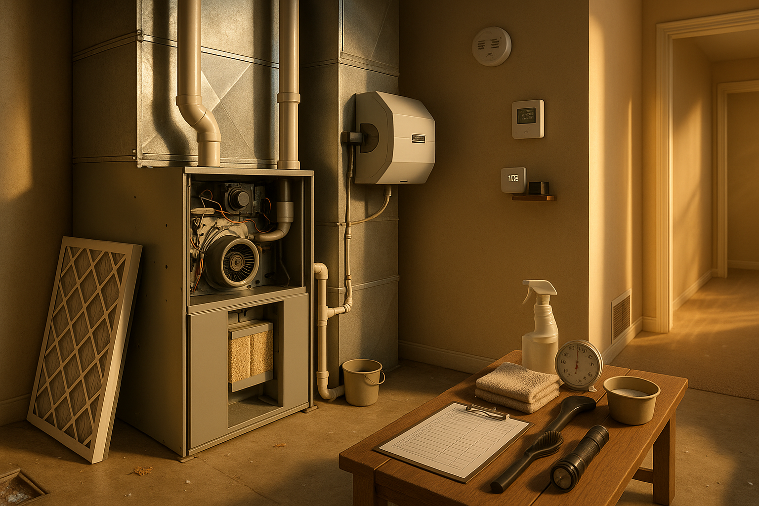 Basement utility room with open gas furnace, humidifier, filter, condensate bucket, thermostat and bench under warm light.