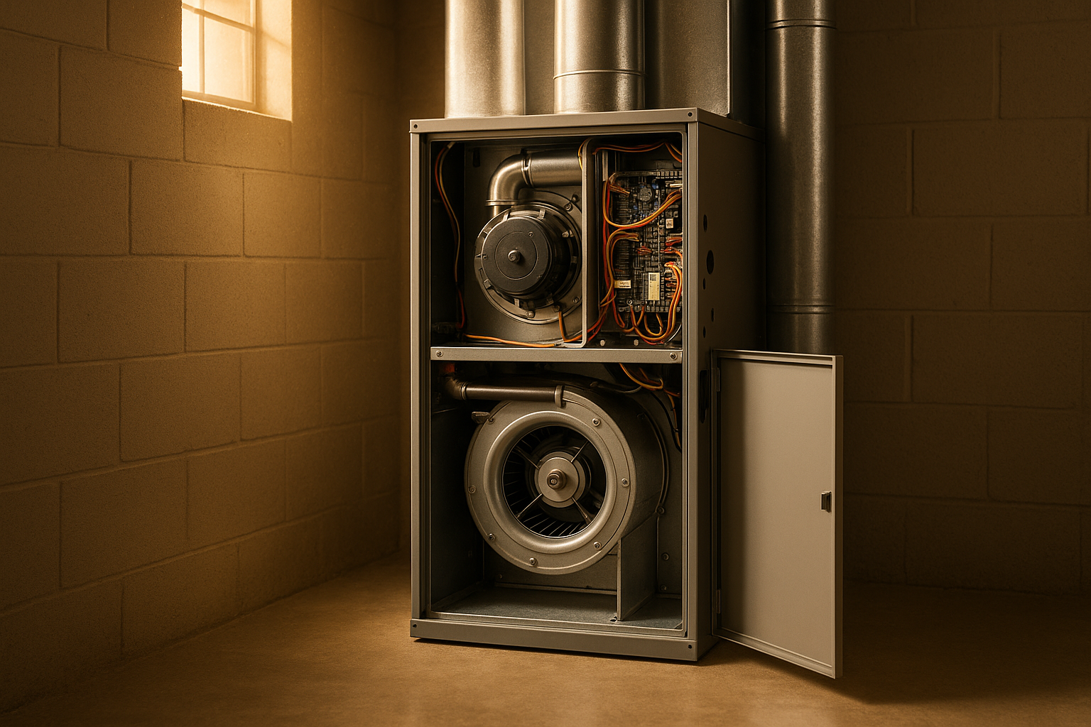 Open furnace cabinet in an Indianapolis basement, blower assembly and control board, warm golden-hour light, concrete floor, no people.