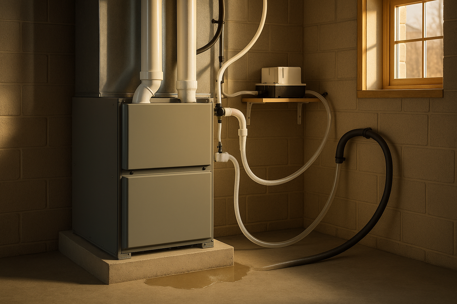 Basement with condensing furnace, frosted PVC trap, insulated pipe with heat tape, condensate pump, puddle; warm daylight.