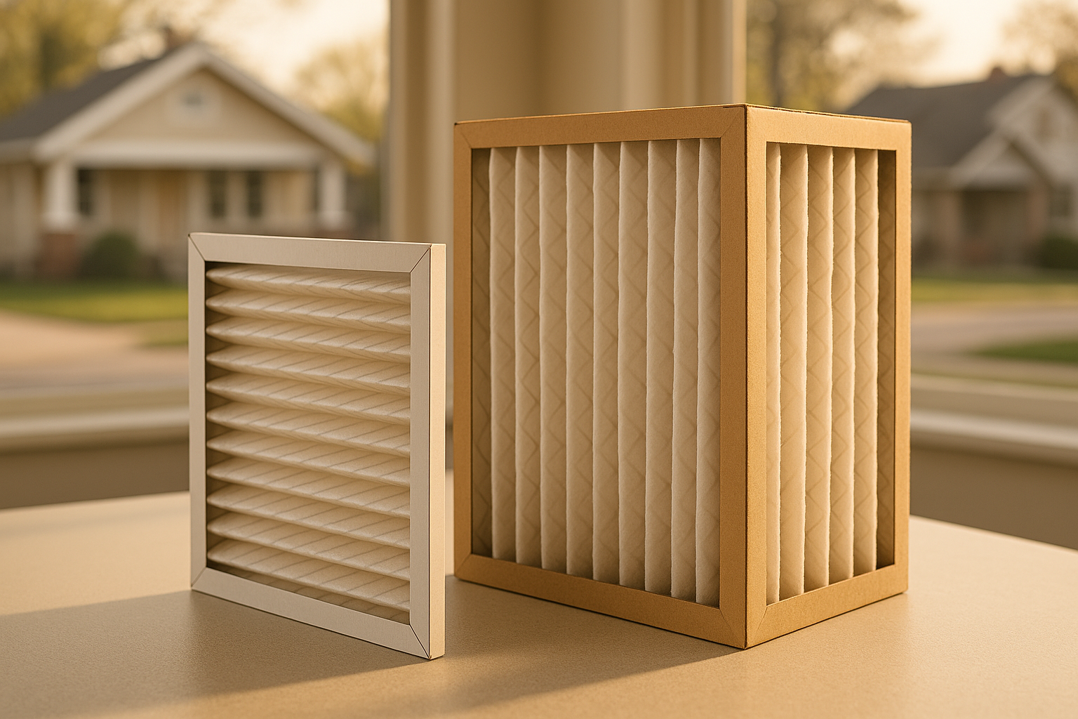 Side-by-side 1-inch pleated filter and 4-inch media filter on neutral surface in warm golden hour light.