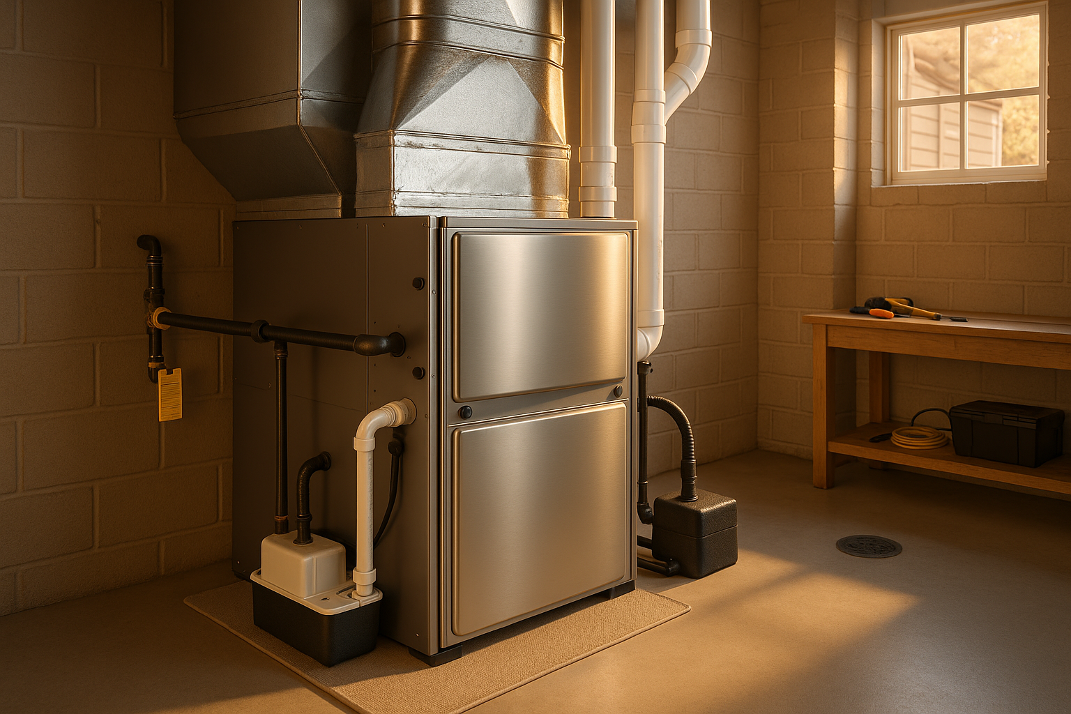 High-efficiency condensing furnace in a clean basement with mastic-sealed metal transition, PVC vents and condensate pump in warm daylight.