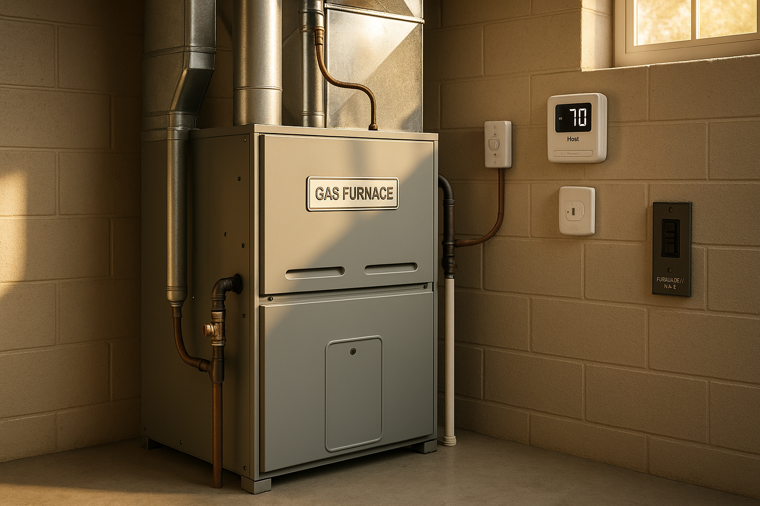 Clean gas furnace in a basement with thermostat set to Heat, CO detector, and labeled breaker in warm golden-hour light.