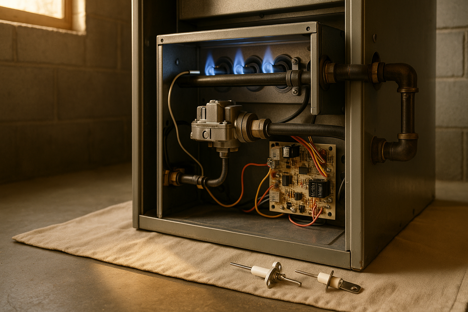Basement furnace interior close-up with flame sensor, burners, control board, warm light, protective drop cloth.