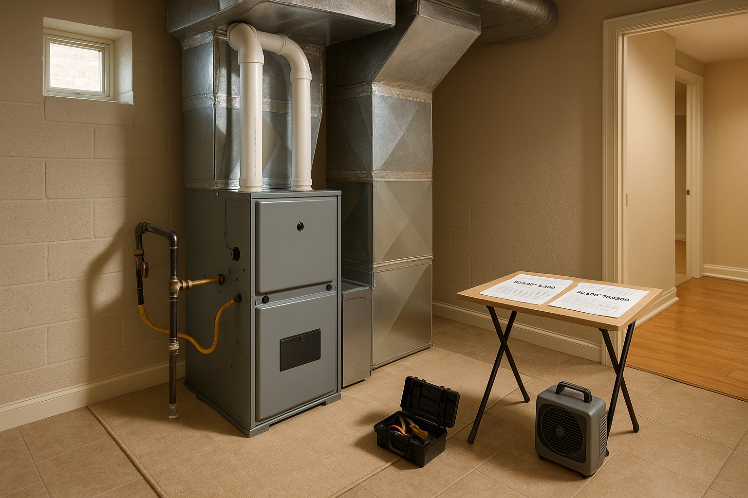 Finished basement furnace closet with condensing unit, PVC vents, sealed insulated ducts, warm daylight.