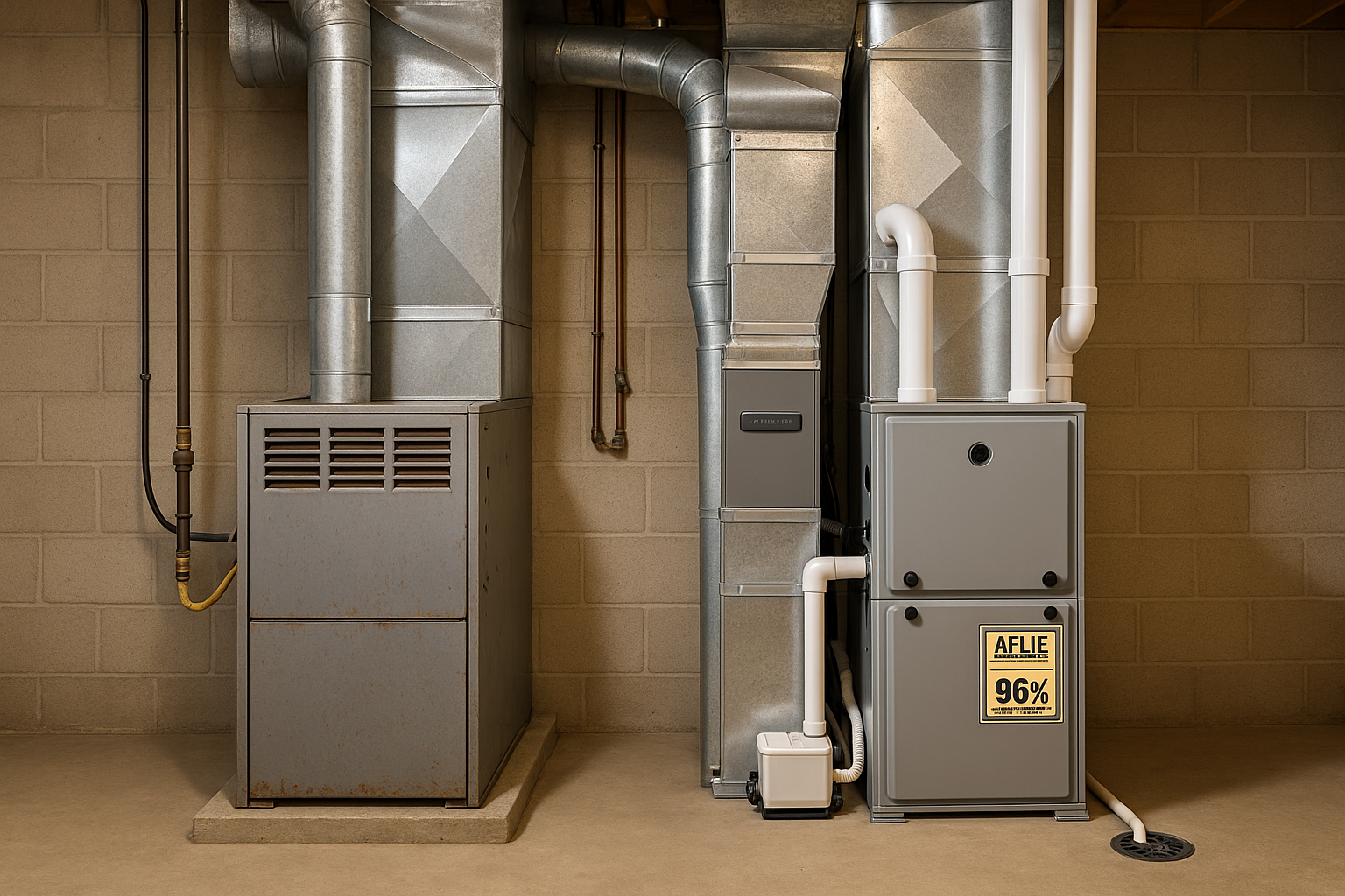 Finished basement with old 80% furnace beside new condensing furnace, AFUE label close-up, PVC vents, condensate pump, media air cleaner, warm lighting.