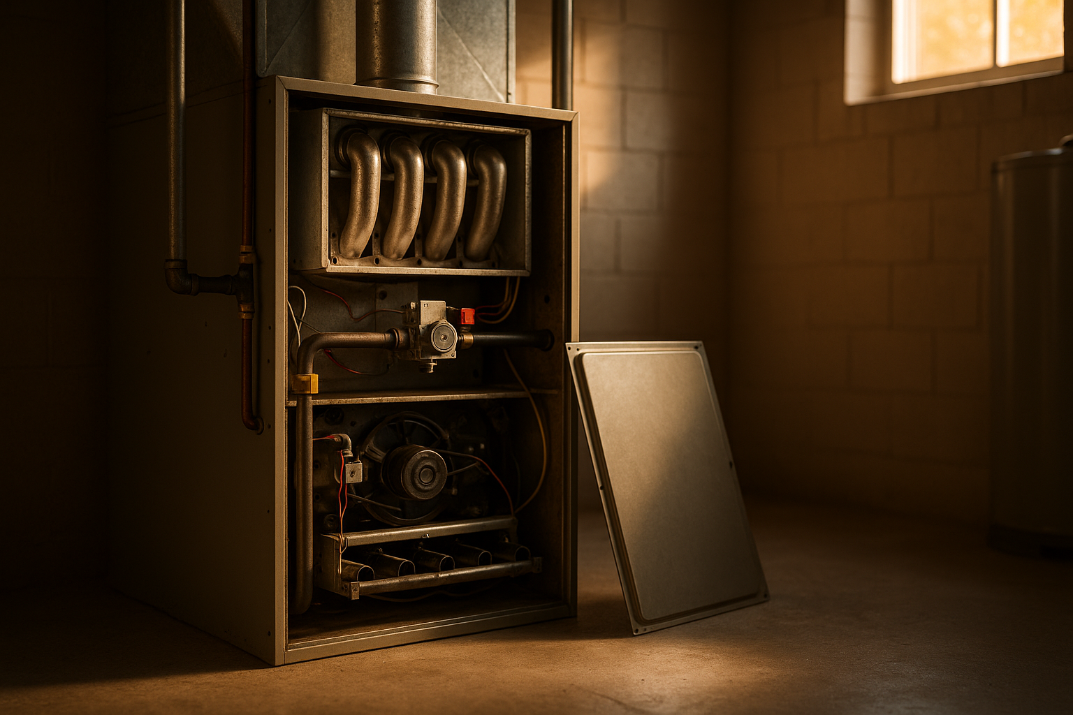 Open furnace cabinet showing burner assembly and heat exchanger in warm golden-hour utility room.