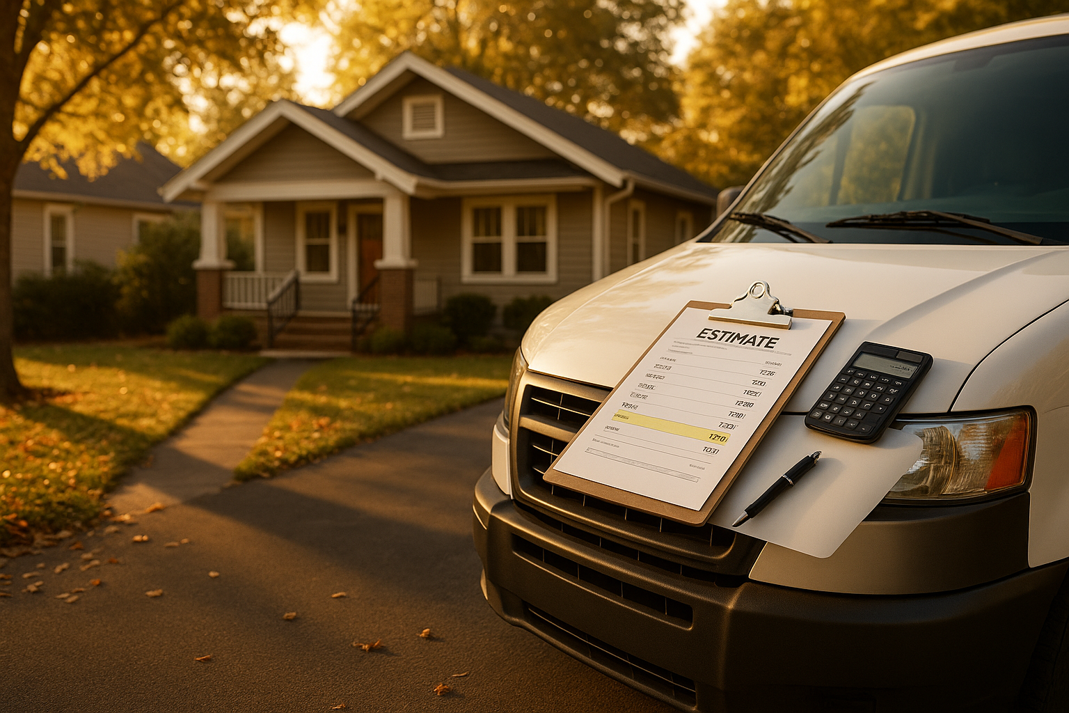 Unbranded service van at an Indianapolis bungalow driveway at golden hour with clipboard invoice and calculator visible.