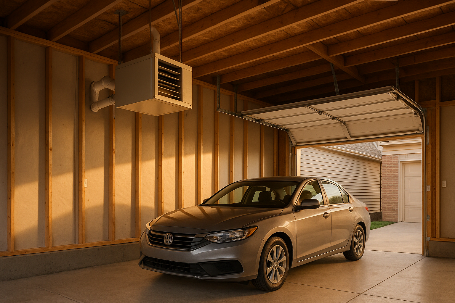 Attached two-car garage interior with ceiling-mounted sealed gas unit heater and PVC vent through the sidewall, warm golden-hour light.