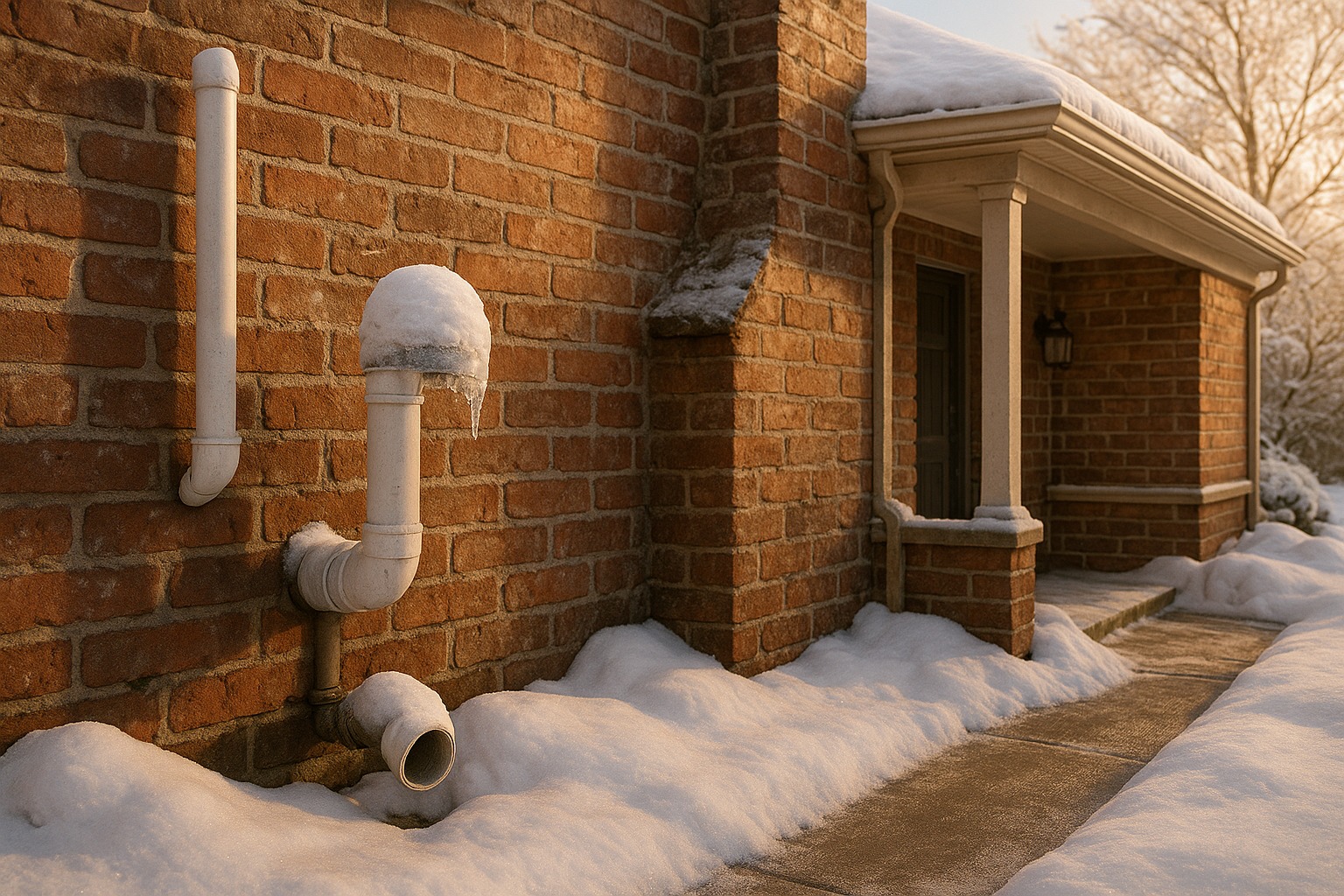 Brick Indianapolis suburban home, snow-covered PVC vent termination with ice cap and eroded brick chimney in warm golden hour.