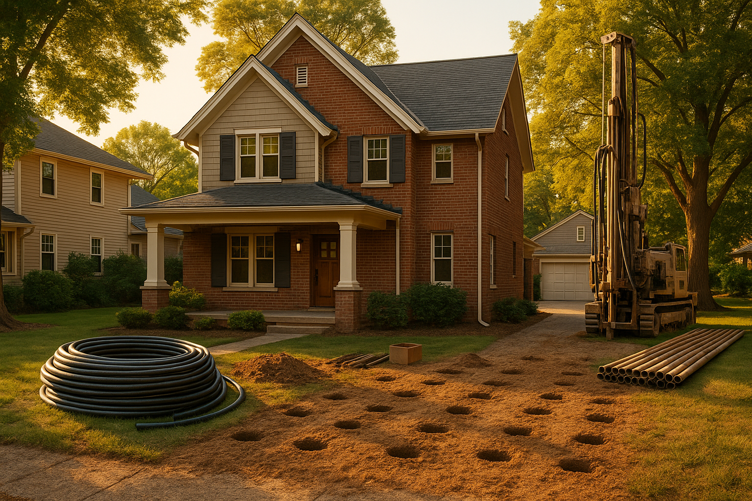 Indianapolis single-family home exterior at golden hour with narrow vertical bore spots, staged HDPE coils, and parked drill rig.