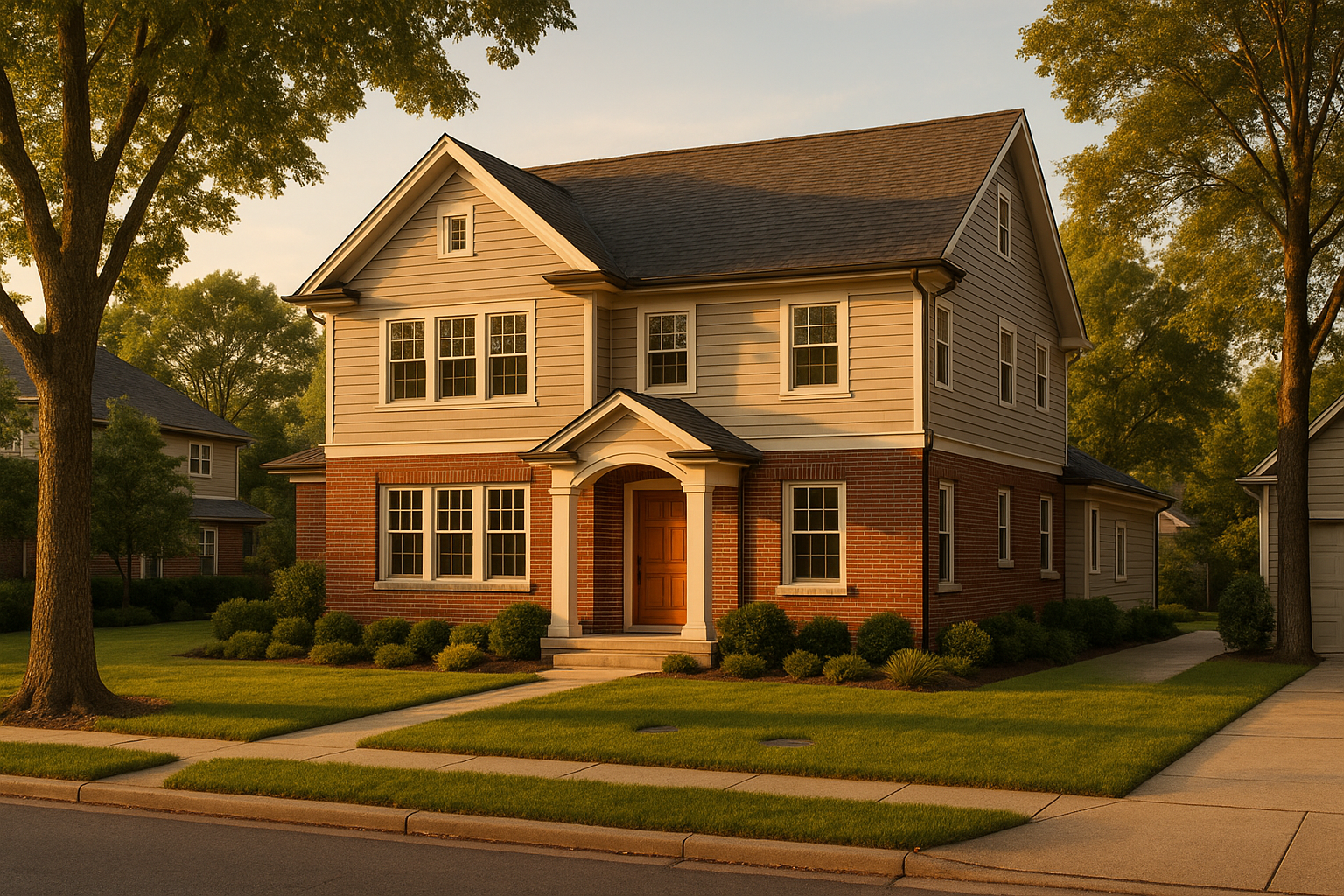 Meridian-Kessler style home at golden hour with flush vertical bore caps visible in front lawn, warm light, urban lot.