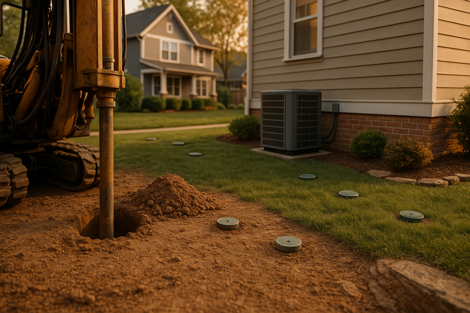Golden-hour yard: vertical bore drilling rig, capped boreholes, air-source condenser by foundation, restored lawn with loop access ports.