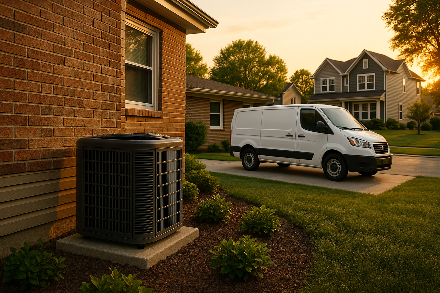 Golden-hour suburban exterior with AC condenser on concrete pad and unbranded service van in driveway of a Greenwood ranch.