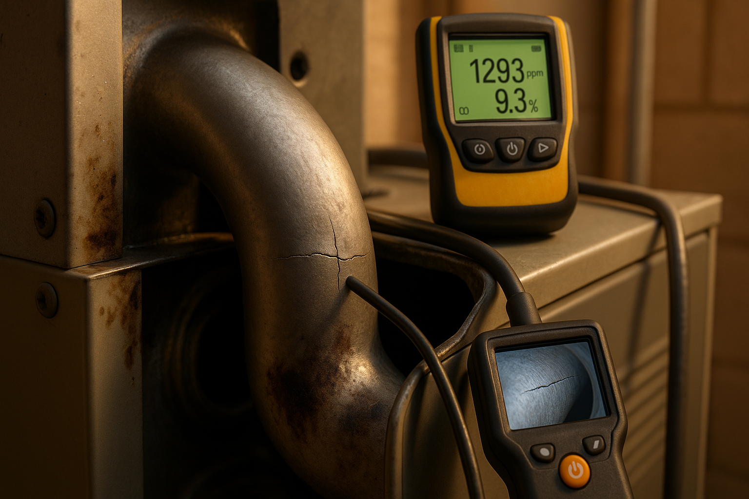Macro cracked heat exchanger with soot, borescope display and analyzer in a tight basement, warm daylight.