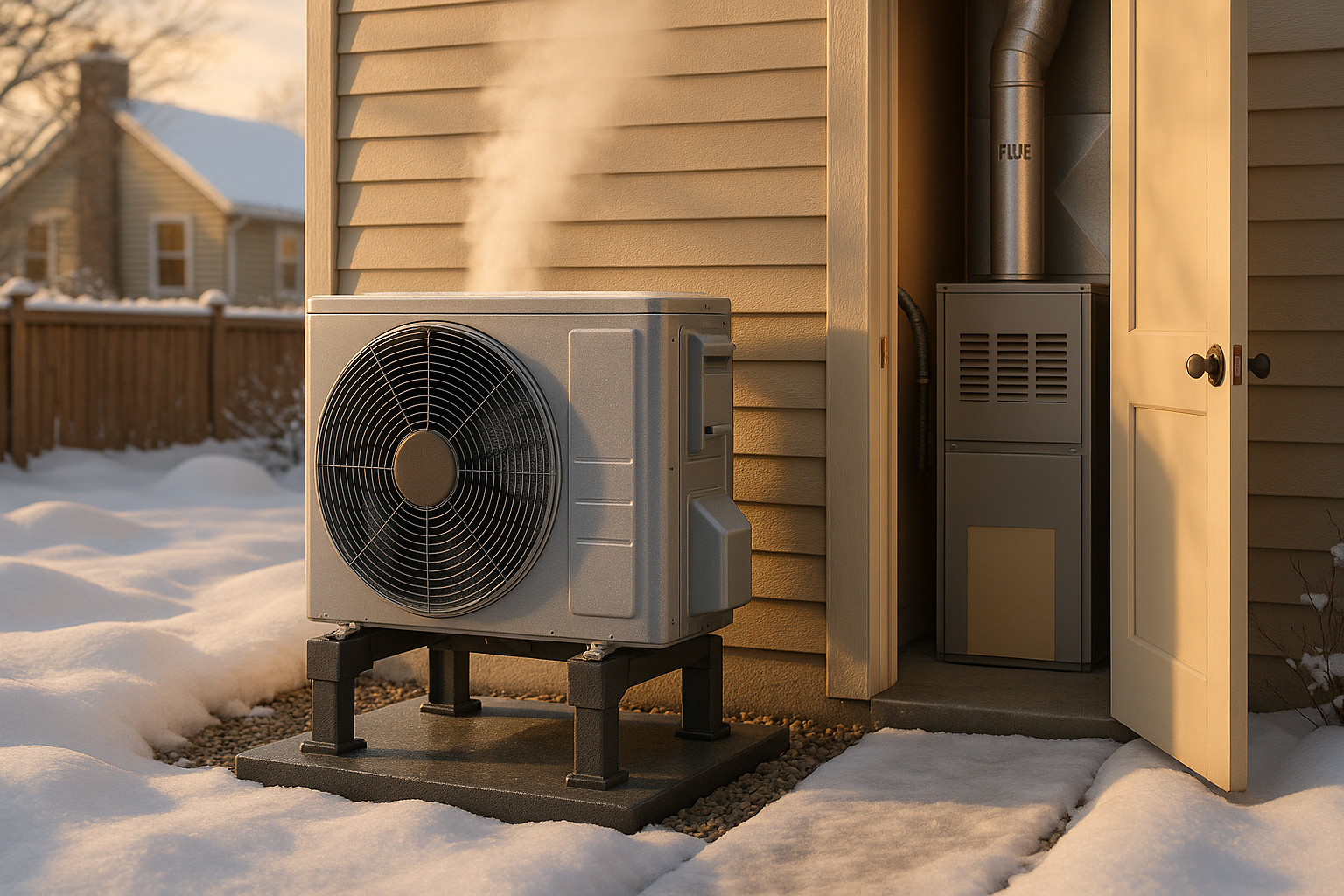 Close-up inverter heat pump on raised composite pad with 12in snow clearance and visible defrost steam at dusk, bungalow exterior.
