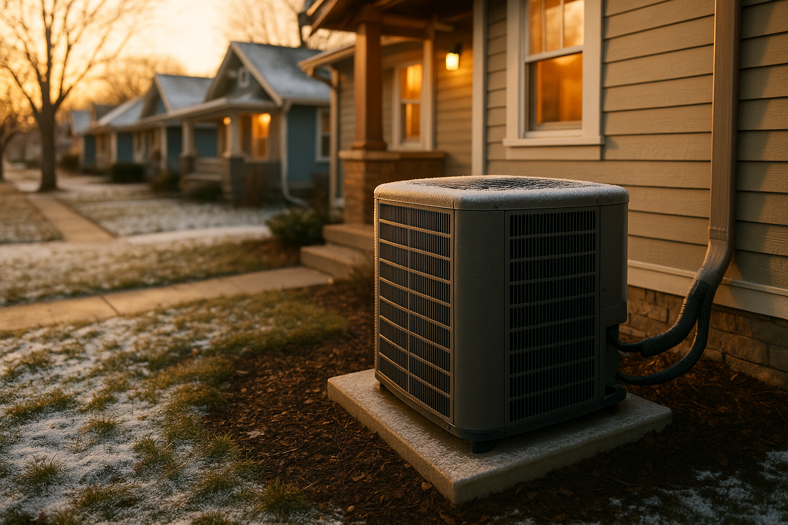 Golden-hour Indianapolis bungalow street with a frosted cold-climate heat pump on a concrete pad.