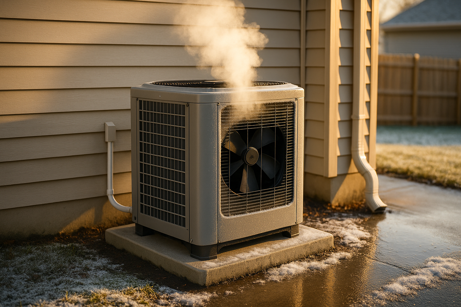Heat pump on raised concrete pad with steam plume, stopped fan, finned coil, golden hour light, suburban Indianapolis yard.