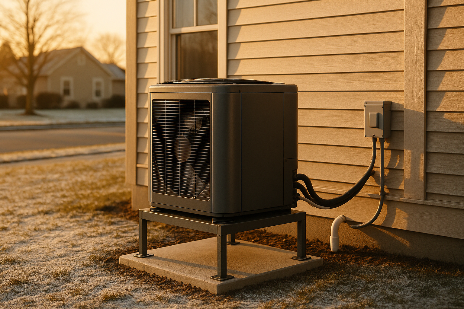 Outdoor cold-climate inverter heat pump on elevated pad with light frost, insulated line set, golden-hour suburban snow scene.