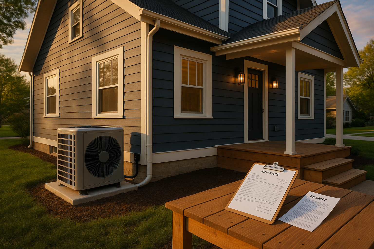 Golden hour Indianapolis home exterior with heat pump on pad, routed line-set, and clipboard estimate on stoop.