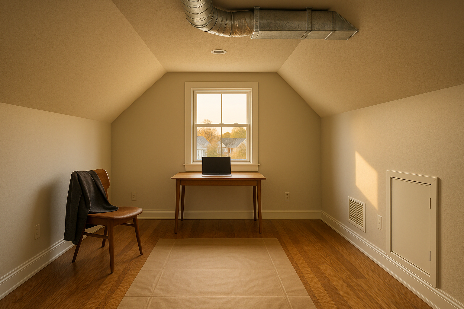 Finished attic office with sloped ceiling, hardwood floor, R-8 duct branch and sealed UL 181 takeoff in warm golden-hour light.