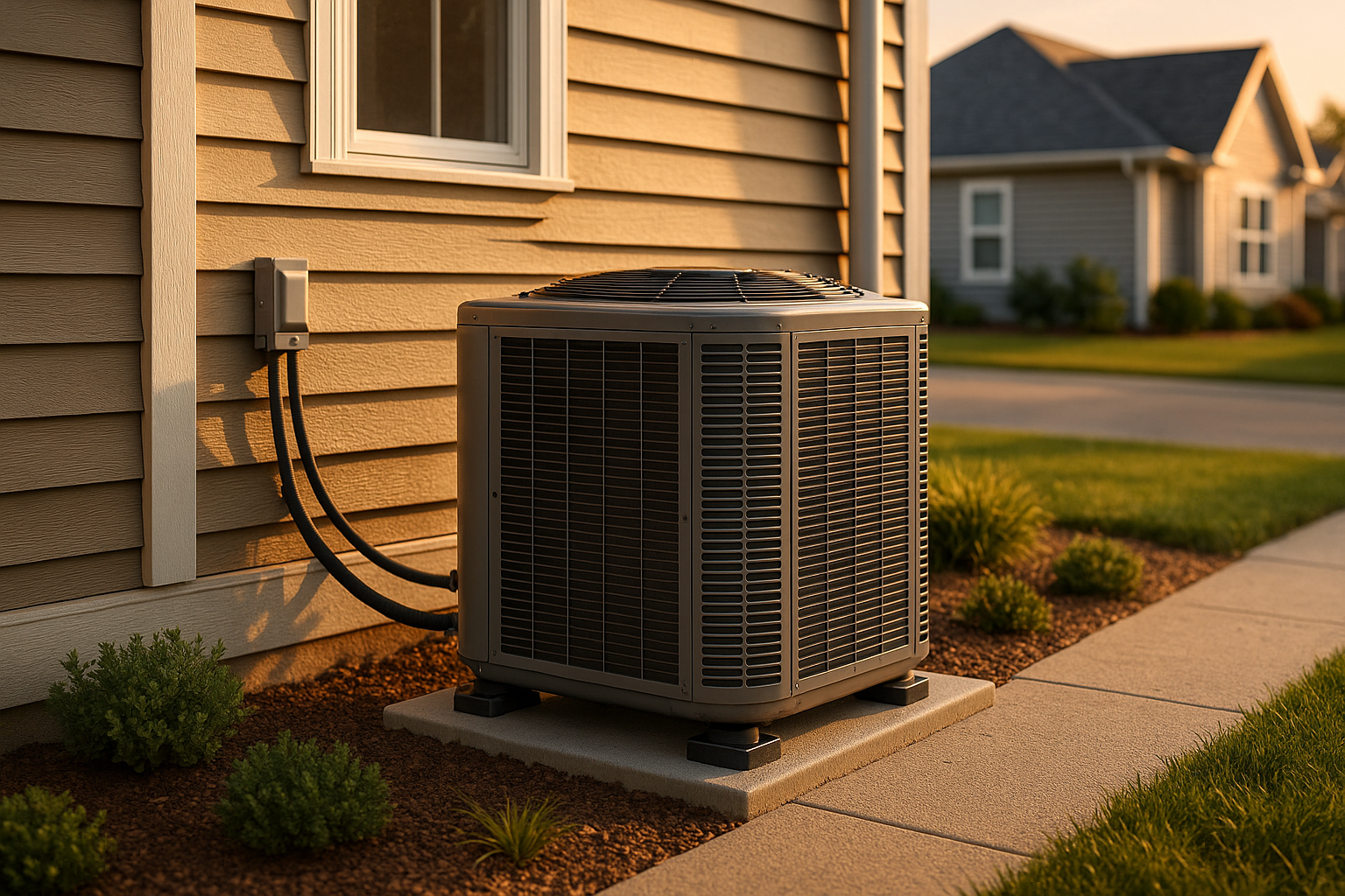 Outdoor condenser on concrete pad with isolator pads and landscaping at golden hour in Indianapolis suburb.